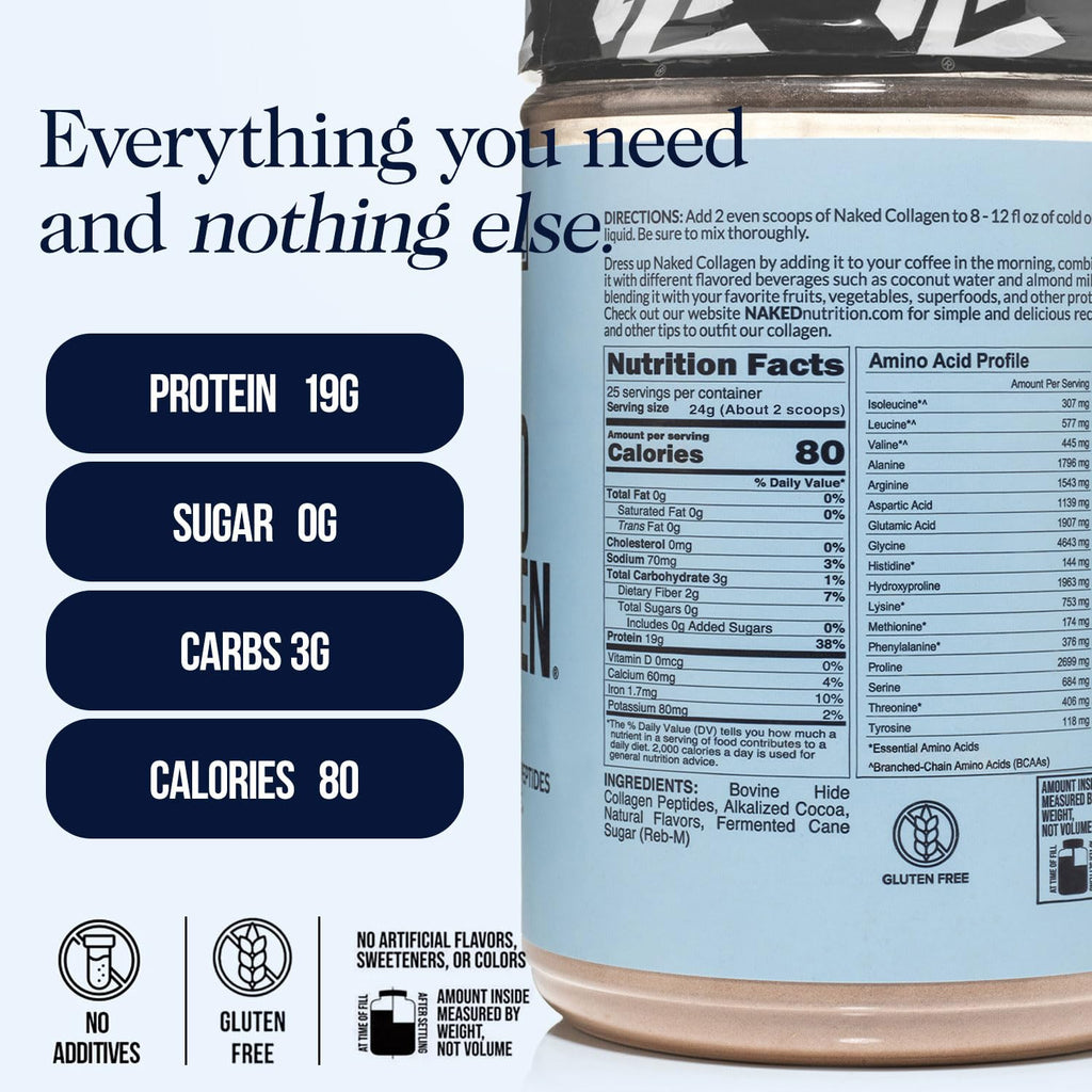 NAKED Chocolate Collagen Peptides Powder – 24 Servings, 20 oz, Grass-Fed, Paleo & Keto Friendly, Non-GMO, Gluten Free