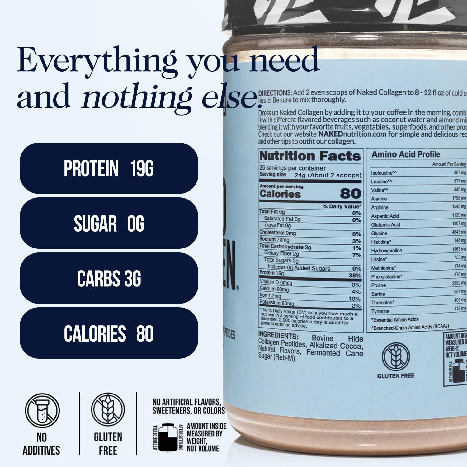 NAKED Chocolate Collagen Peptides Powder – 24 Servings, 20 oz, Grass-Fed, Paleo & Keto Friendly, Non-GMO, Gluten Free