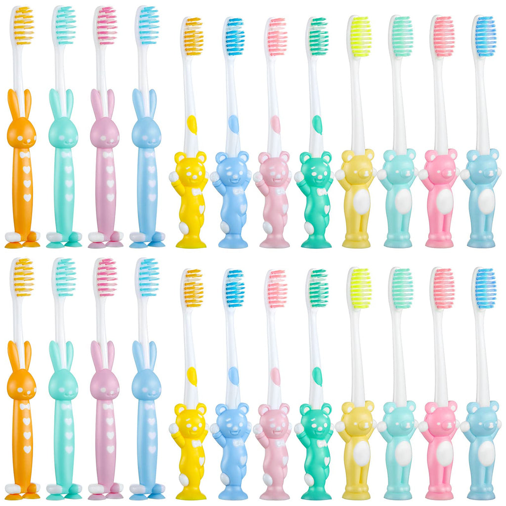 Patelai 24 Pcs Toddler Toothbrush Set for Ages 2+ | Soft Bristles, Suction Cup Storage, Rabbits & Bears