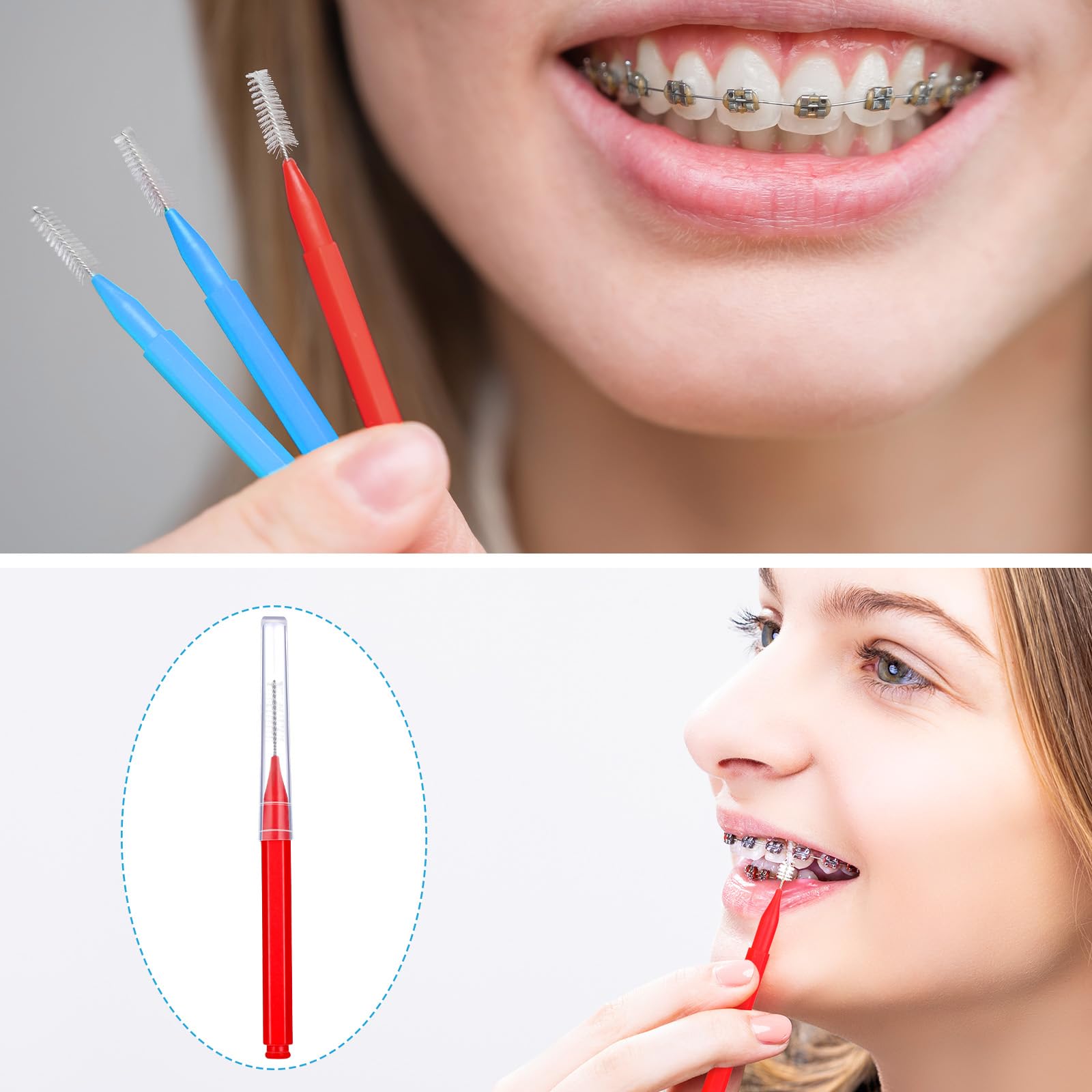 Patelai 100 Pieces Interdental Brushes – Braces Brush for Cleaner Teeth (Blue, Red, Suitable Size)