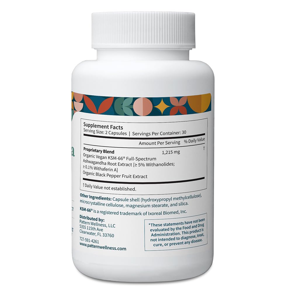 Pattern Wellness Ashwagana Complex – Organic KSM-66® & Black Pepper, 180 Vegan Capsules
