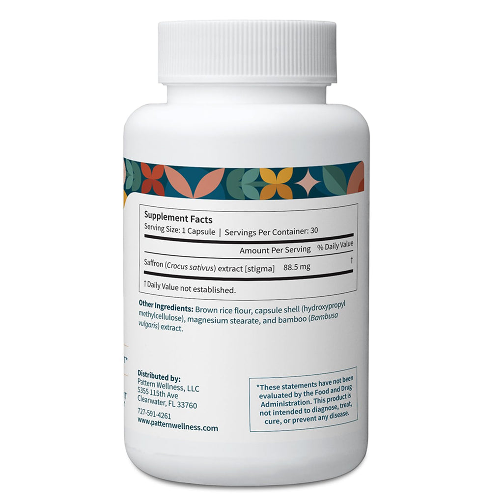 Pattern Wellness Saffron Extract – Mood & Wellness Support | 88.5 mg Saffron Supplement | Non-GMO & Gluten-Free – 30 Vegetable Capsules