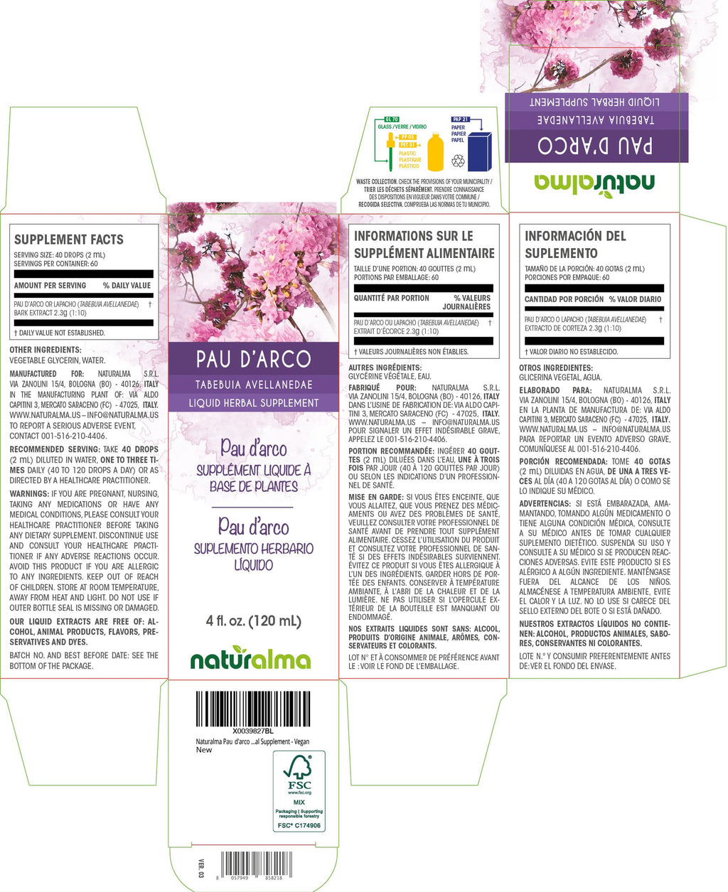 Naturalma Pau d'Arco Lapacho Bark Tincture - Alcohol-Free 4 fl oz Drops - Vegan Herbal Supplement