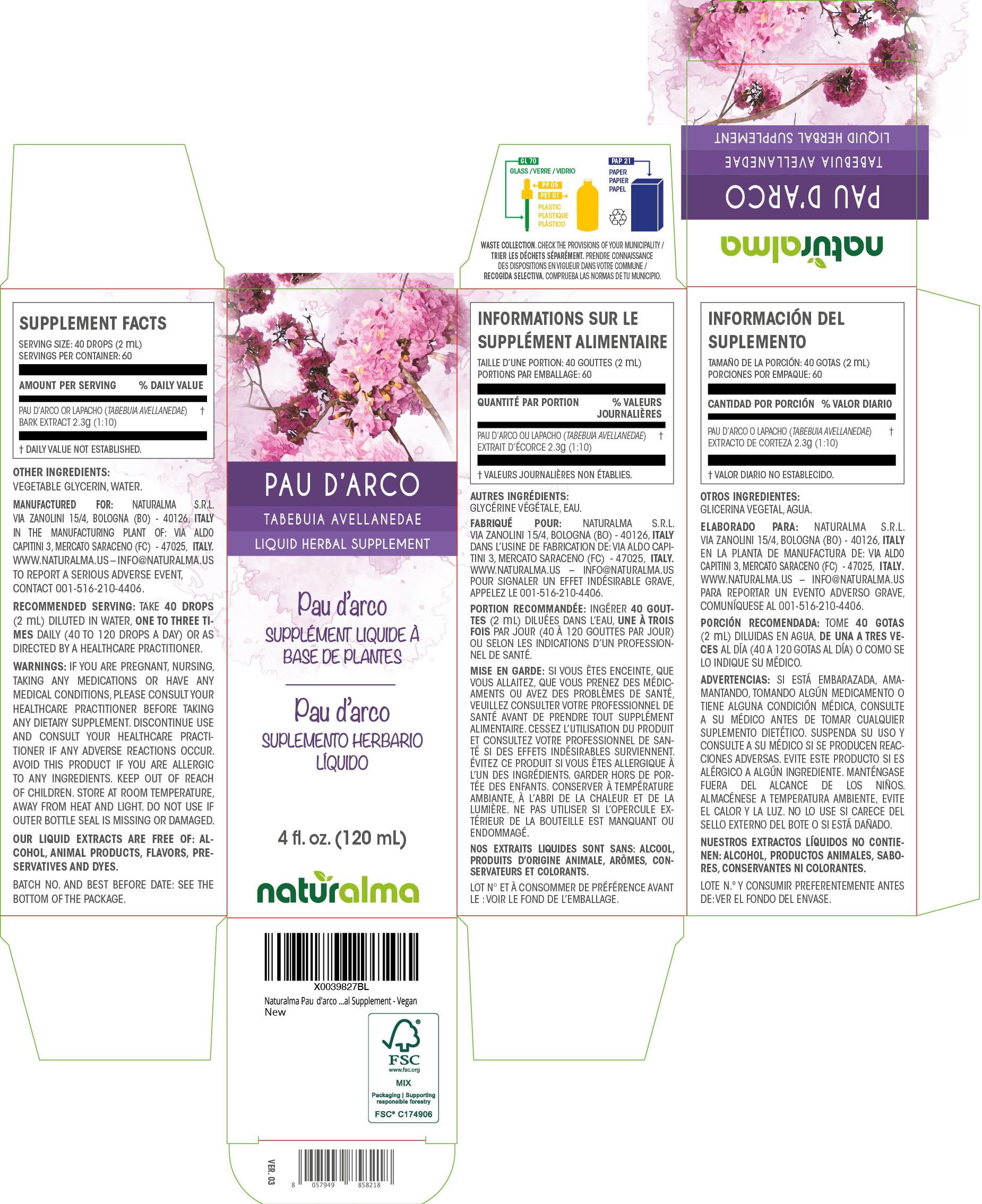 Naturalma Pau d'Arco Lapacho Bark Tincture - Alcohol-Free 4 fl oz Drops - Vegan Herbal Supplement