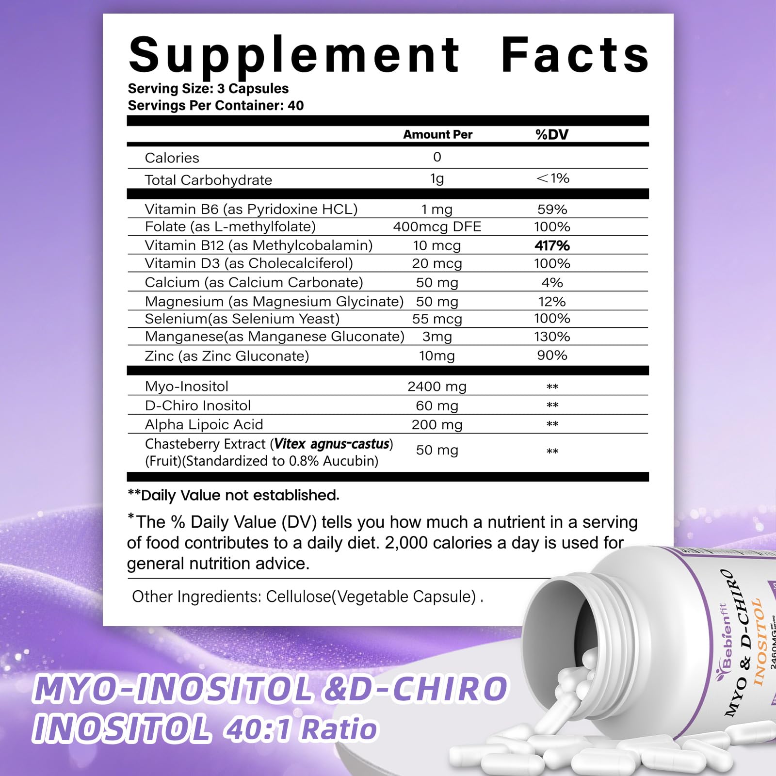 13-in-1 Myo-Inositol & D-Chiro Inositol for Women – PCOS, Hormonal Balance, 40:1 Ratio, 120 Veg Caps