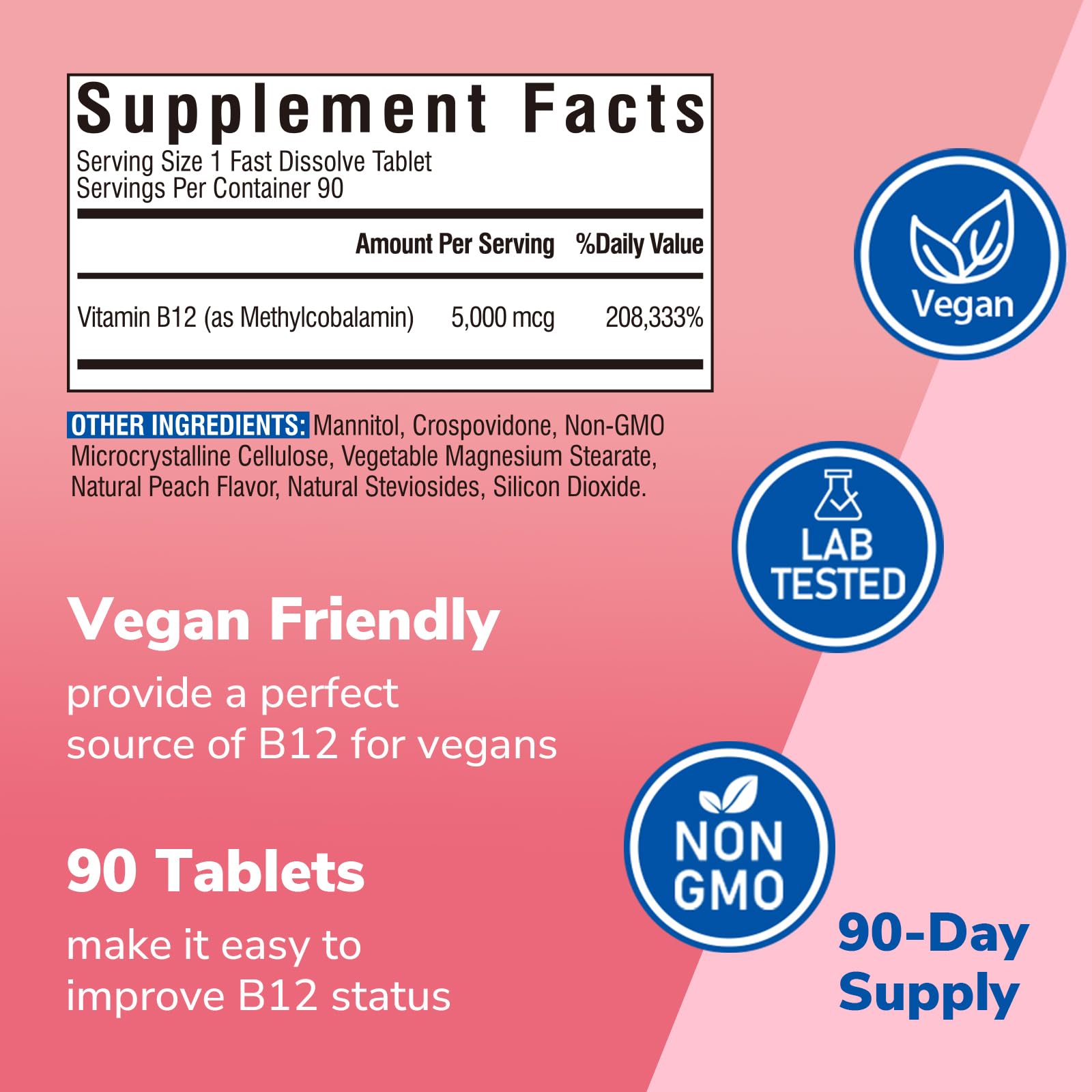 Vitamin B12 Sublingual 5000 mcg – Vegan Methylcobalamin, Peach Flavor