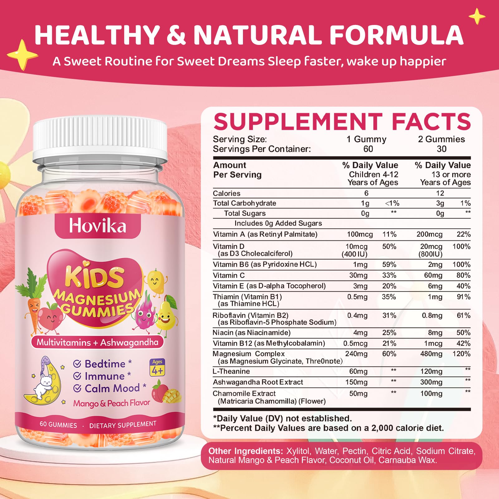 Magnesium Glycinate Gummies for Kids – Calm Sleep & Focus | L-Theanine, Chamomile & B Vitamins (Peach & Mango) 60 ct