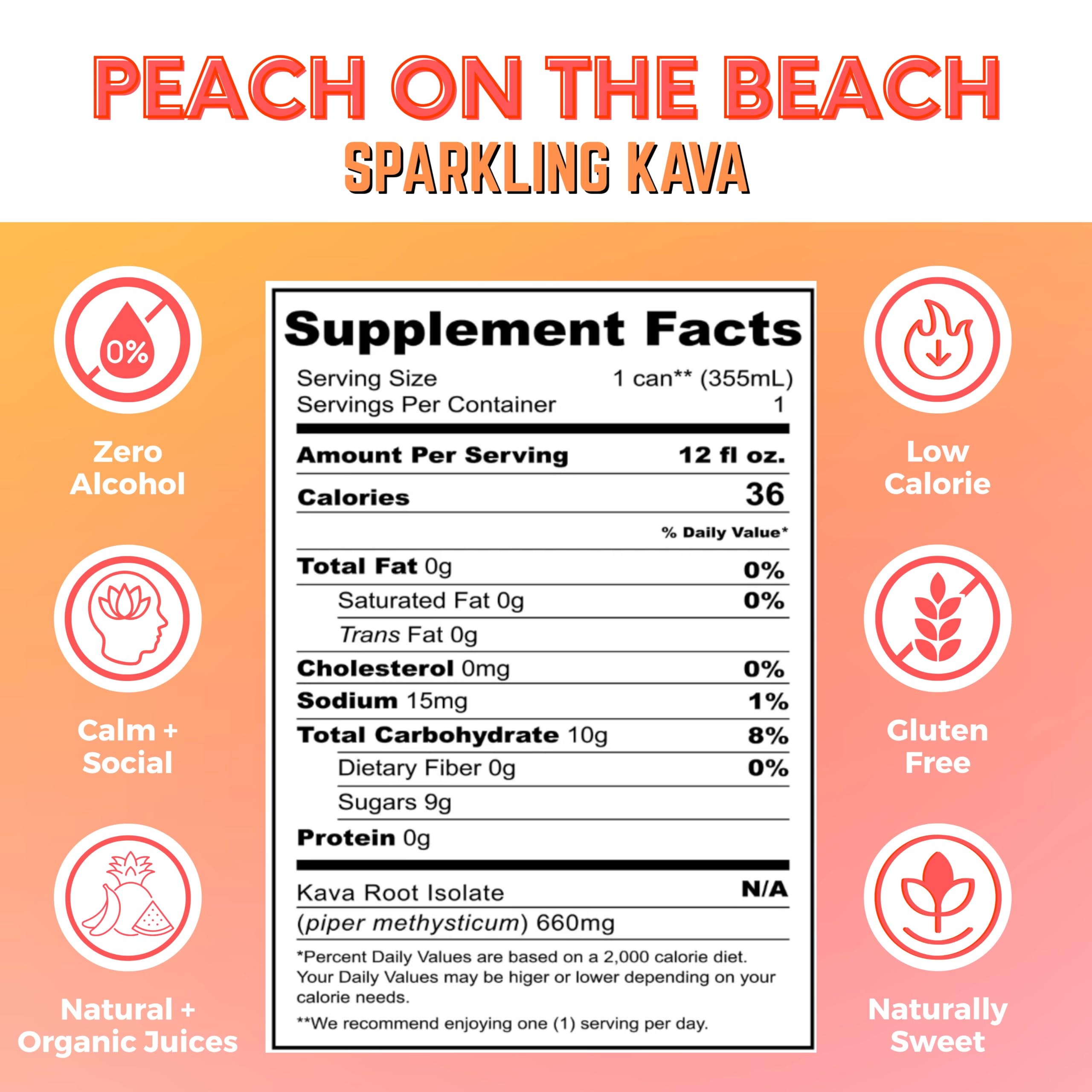 Peach on the Beach Kava Seltzer – Gluten-Free, Vegan, Low-Calorie | 12 oz Cans (4-Pack)