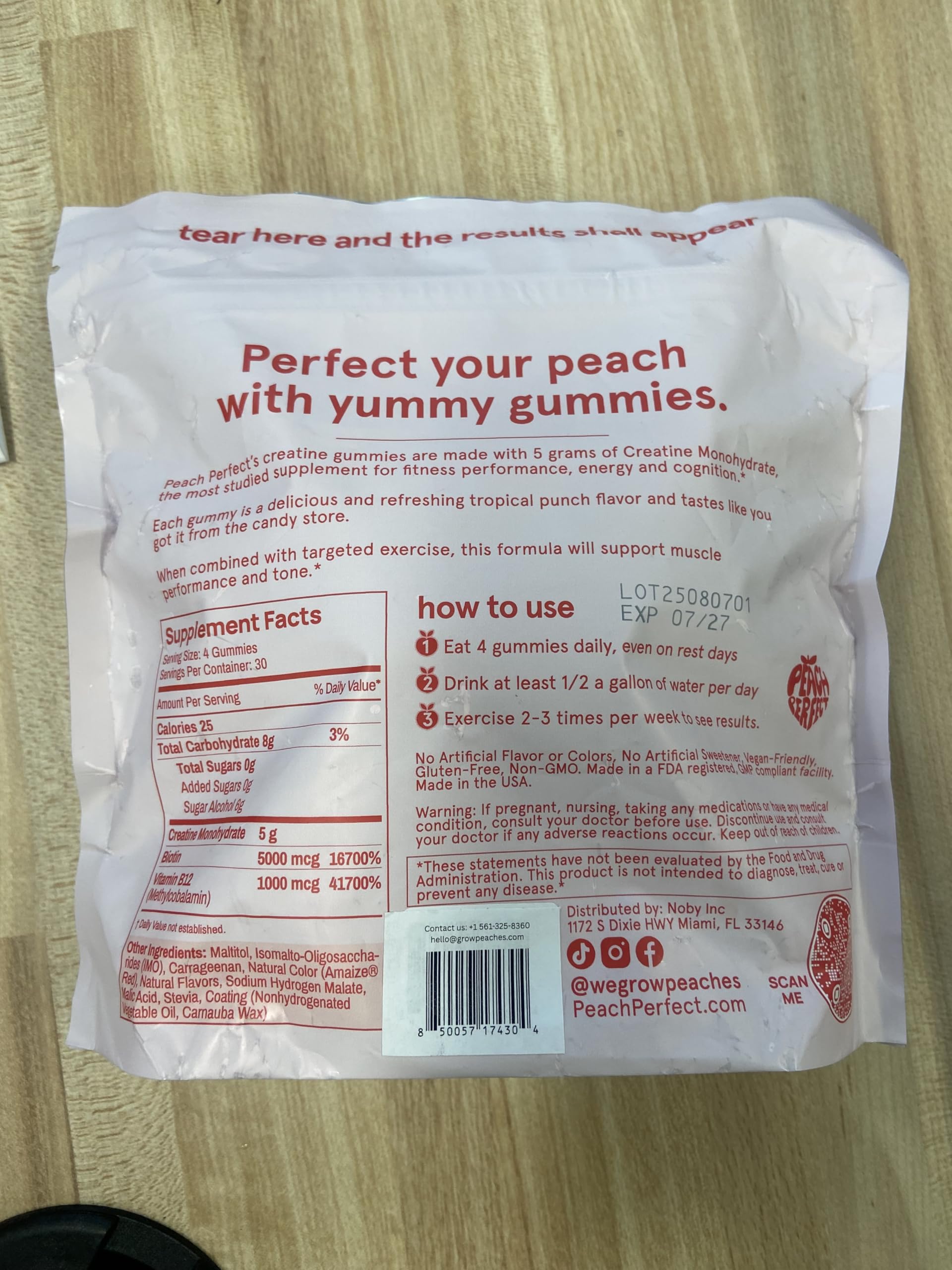 Peach Perfect Creatine Monohydrate Gummies for Women | 5g Creatine, Biotin 5000mcg & Vitamin B12 1000mcg | Vegan, Gluten-Free, Non-GMO | Tropical Punch, 30 Servings