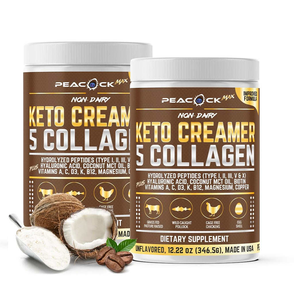 Peacock Max Collagen Keto Creamer Powder – Unflavored, Coconut MCT, B12 & Magnesium (2x24.44 oz)