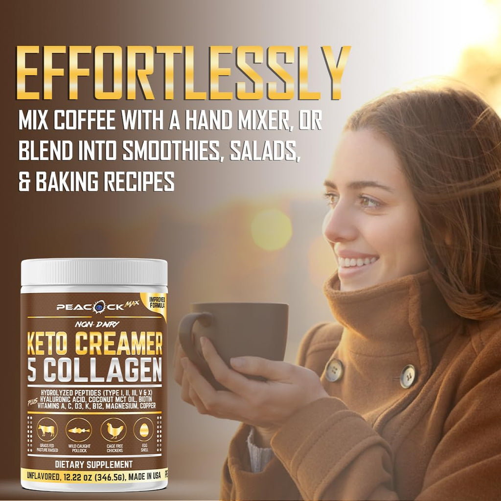 Peacock Max Collagen Keto Creamer Powder – Unflavored, Coconut MCT, B12 & Magnesium (2x24.44 oz)