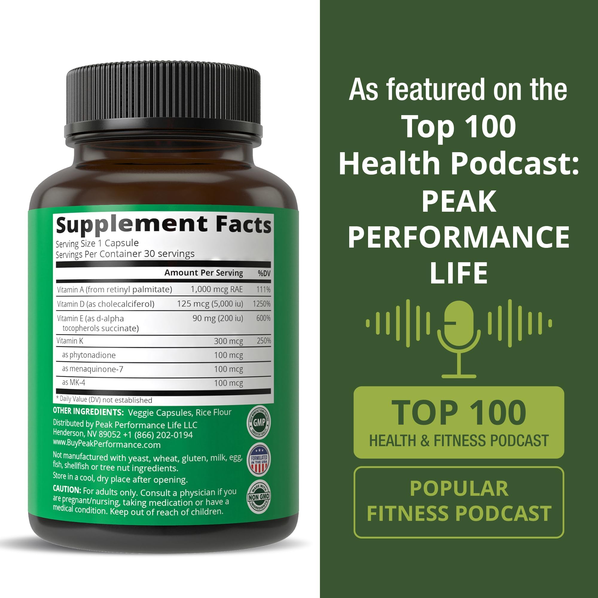 Peak Performance ADK Vitamin D3 5,000 IU + A + E + K | Vegan Capsule