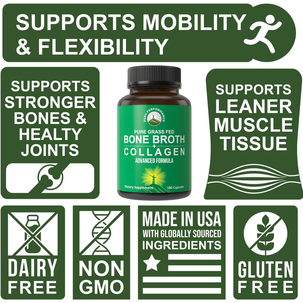 Peak Performance Bone Broth Collagen Capsules — Grass-Fed, All 3 Types (I, II, III) | 180 Pasture-Raised, Paleo-Friendly