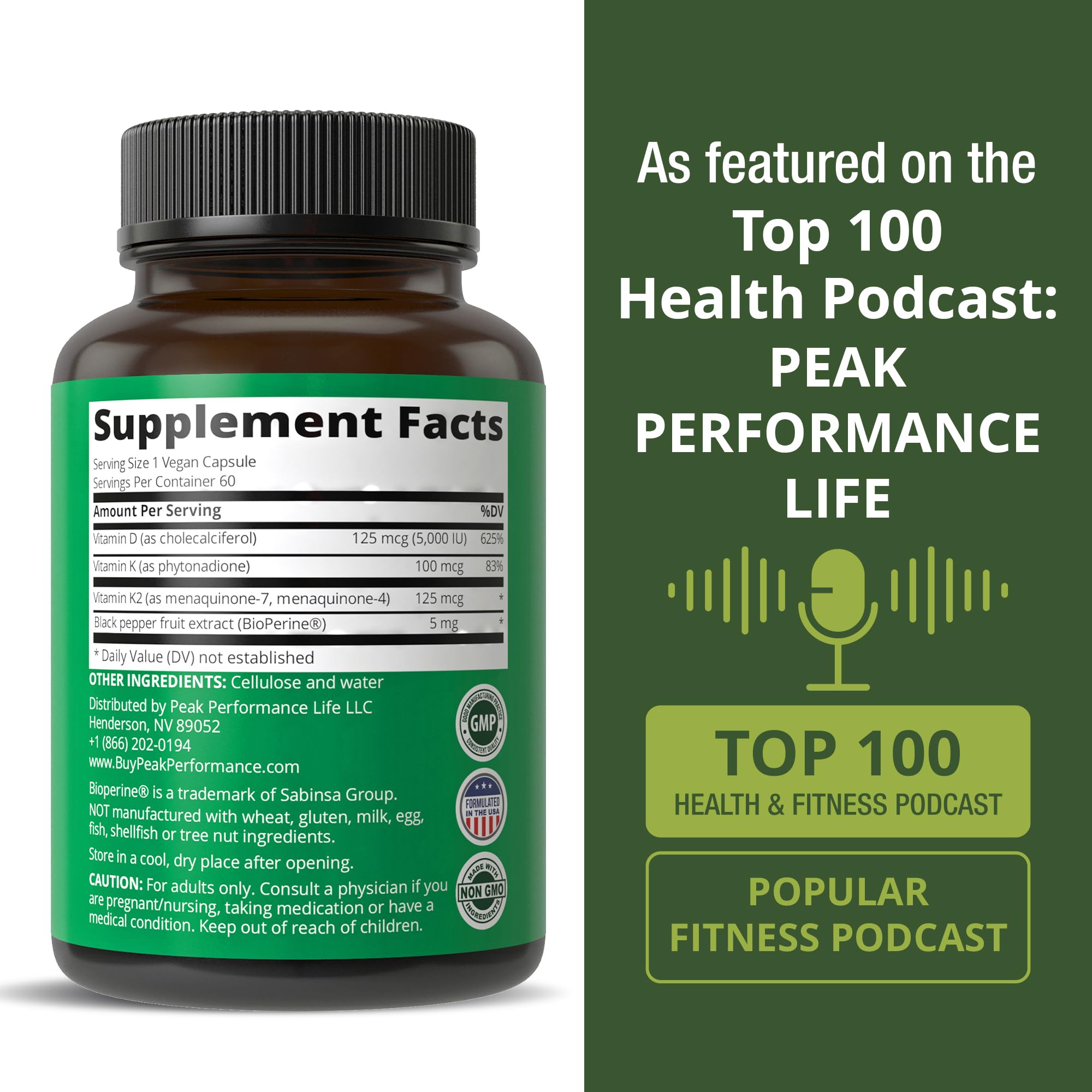Peak Performance Vitamin D 5000 IU with Vitamin K (K1, MK-4, MK-7) | 60 Veggie Pills