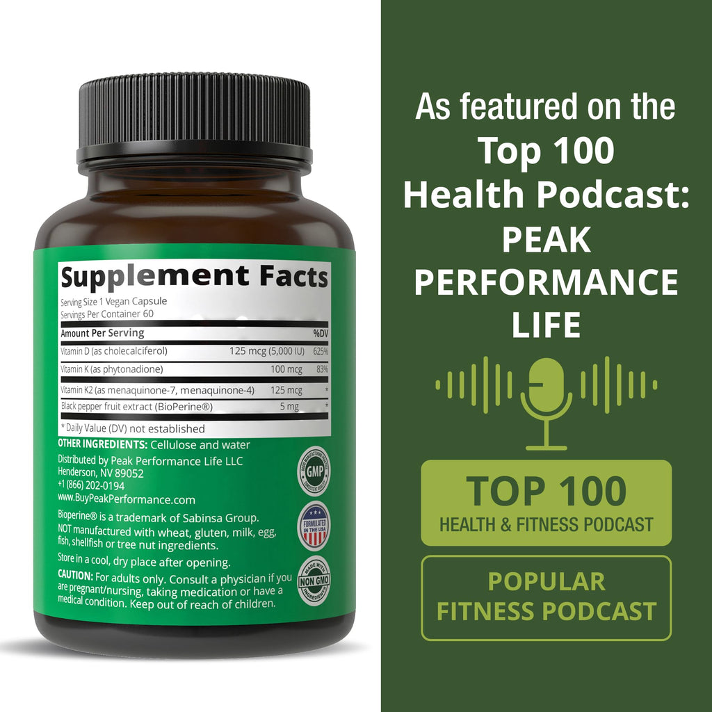 Peak Performance Vitamin D 5000 IU with Vitamin K (K1, MK-4, MK-7) | 60 Veggie Pills