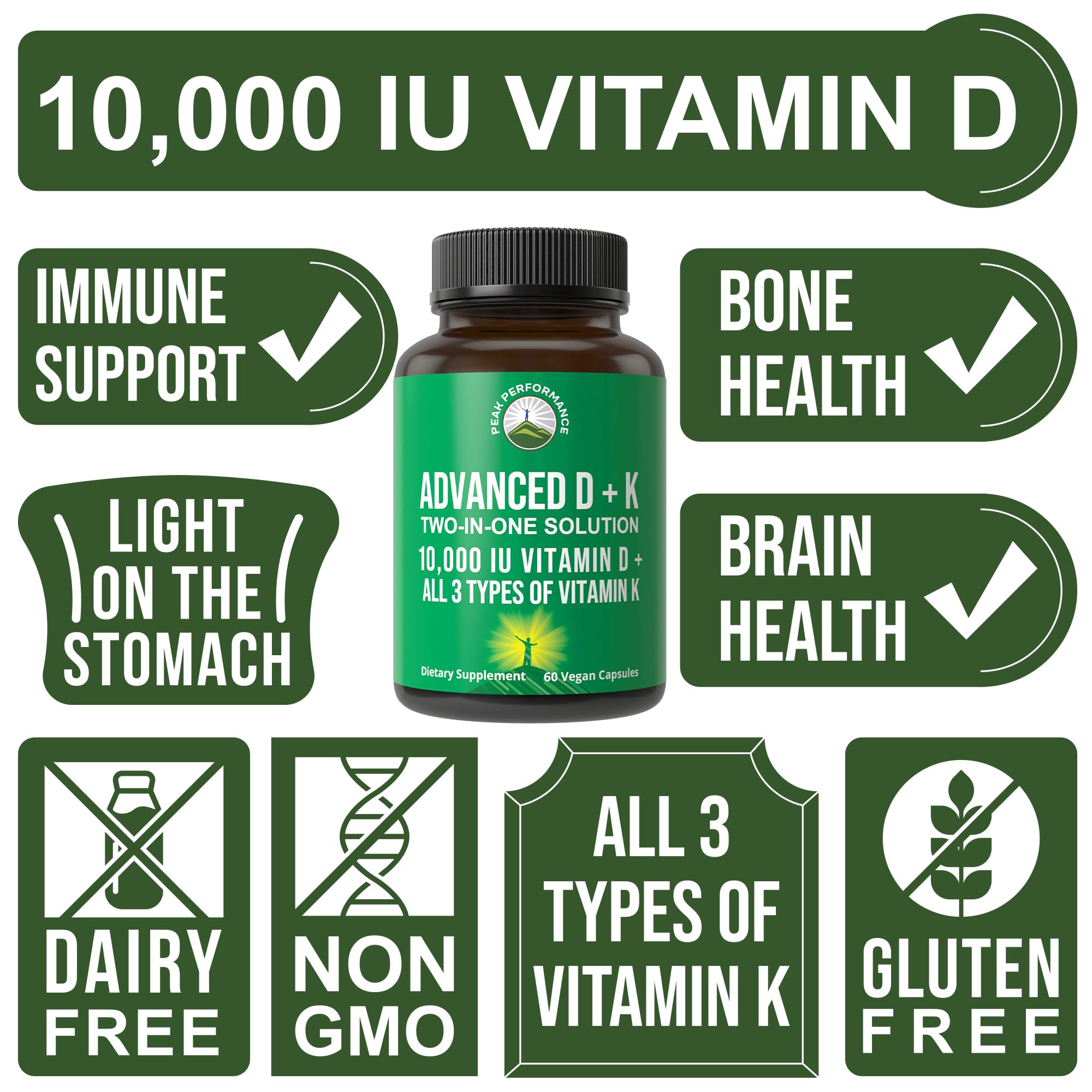 Peak Performance Vitamin D 10000 IU with Vitamin K (K1, MK-7, MK-4) – 60 Capsules