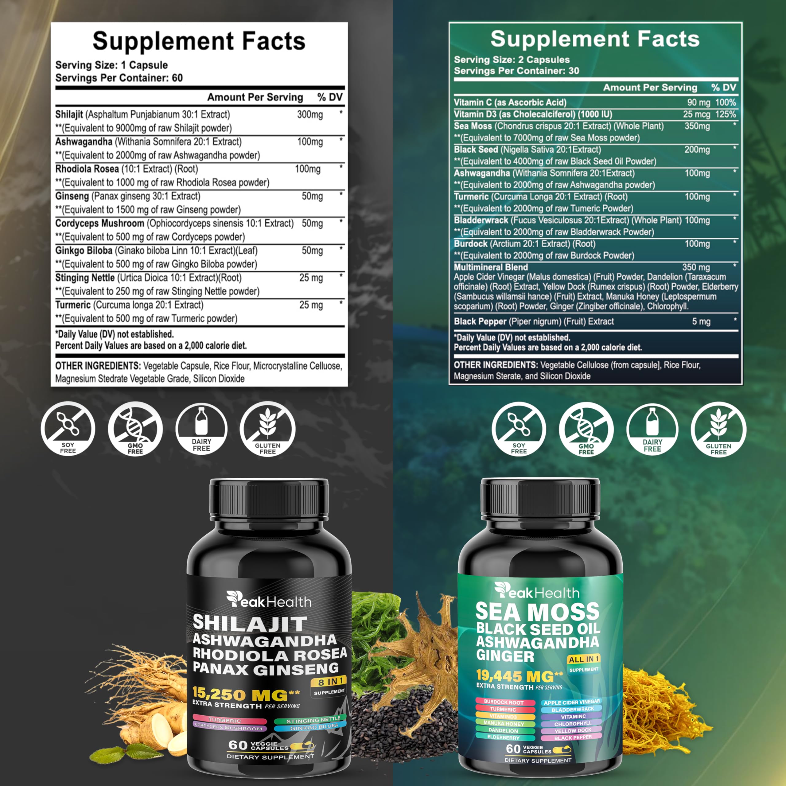 Peakhealth Shilajit Sea Moss & Black Seed Oil Capsules – 2 Bottle Combo (60 Capsules Each)