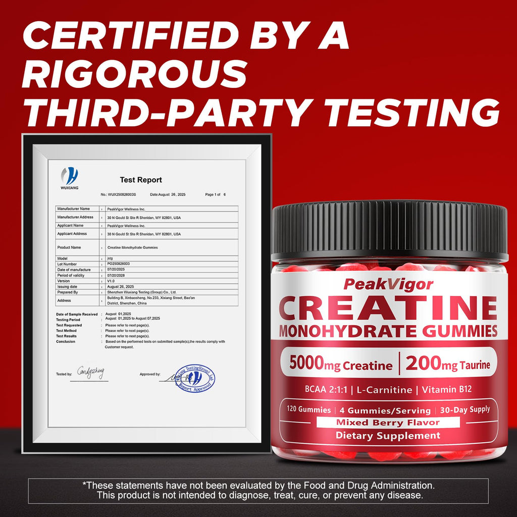 PeakVigor Organics Creatine Gummies – 5000MG Monohydrate, Sugar Free, 120 Gummies