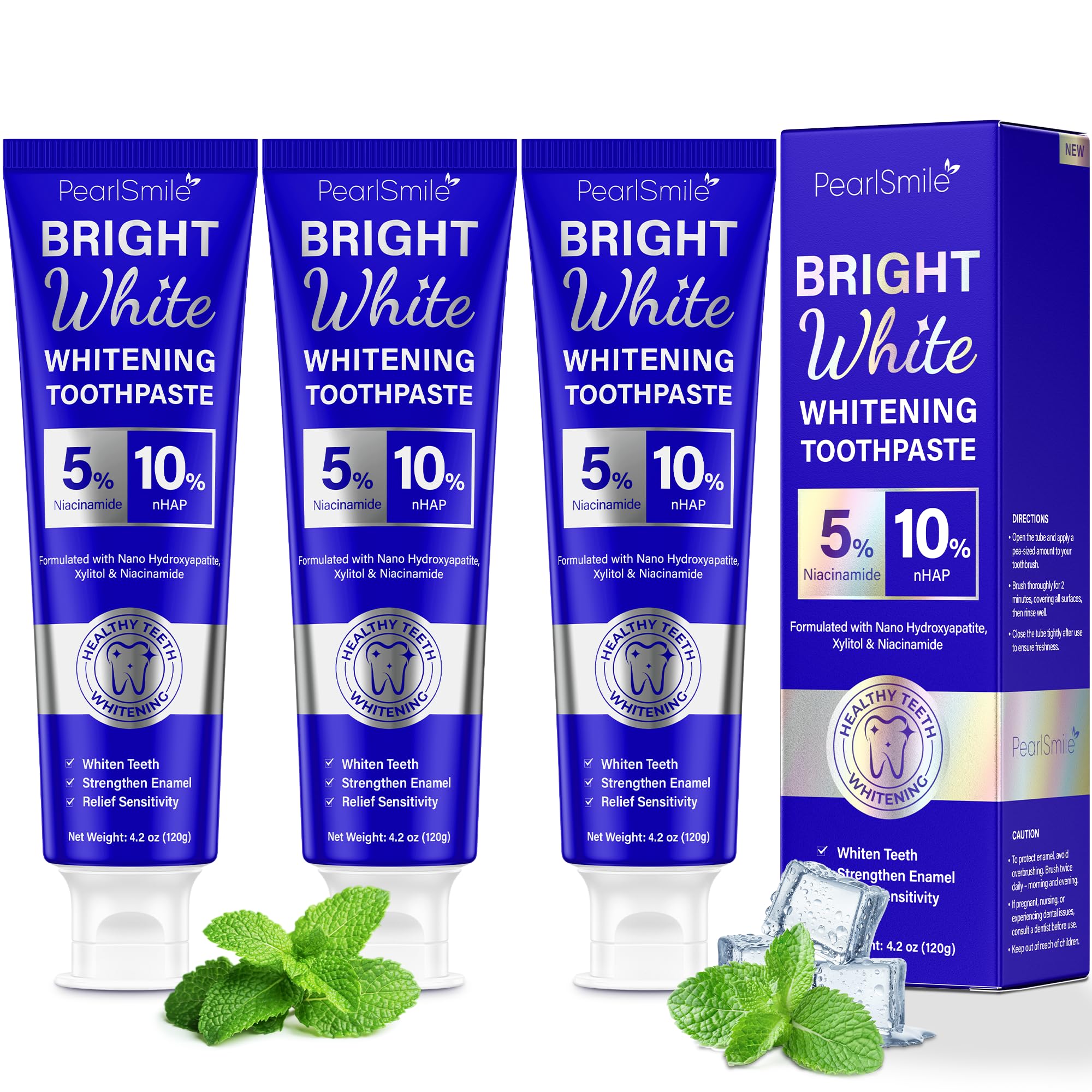 PearlSmile Whitening Toothpaste – 10% Nano-Hydroxyapatite + 5% Niacinamide – Fluoride-Free, Travel-Size 4.2oz (3 Pack)