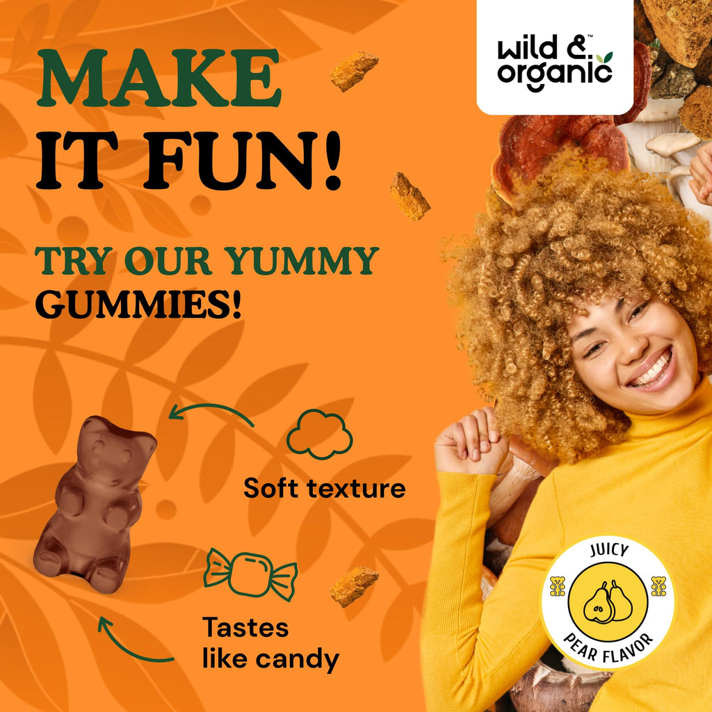 Wild & Organic Mushroom Gummies - 10-in-1 Complex | Immune & Brain Support – 60 Count