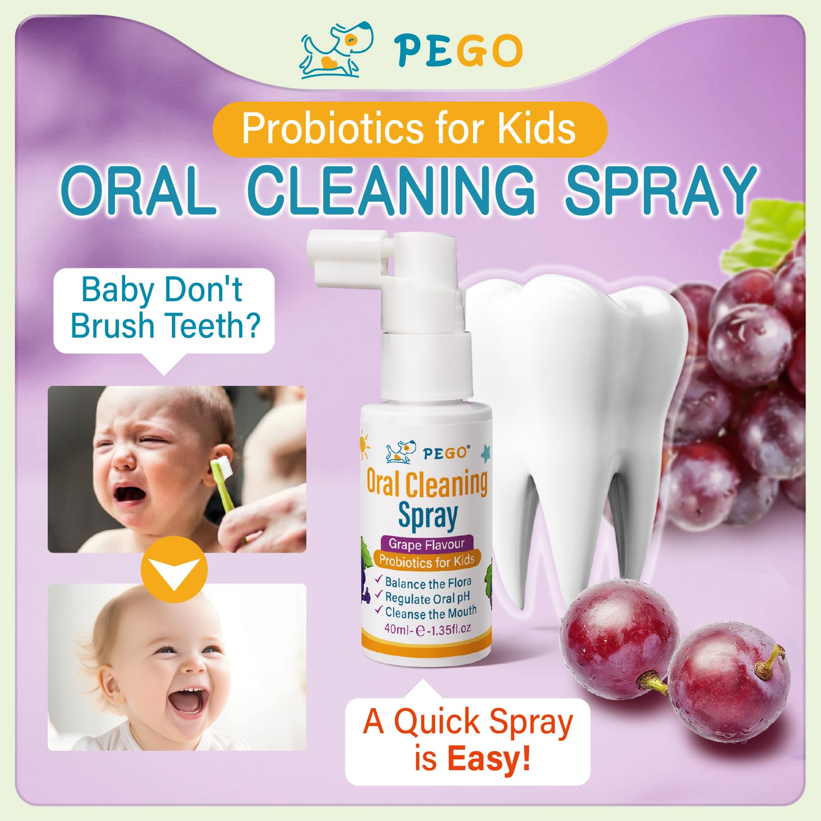 PEGO Kids Oral Spray – Fluoride Free Toddler Care (40ml×2, Grape)