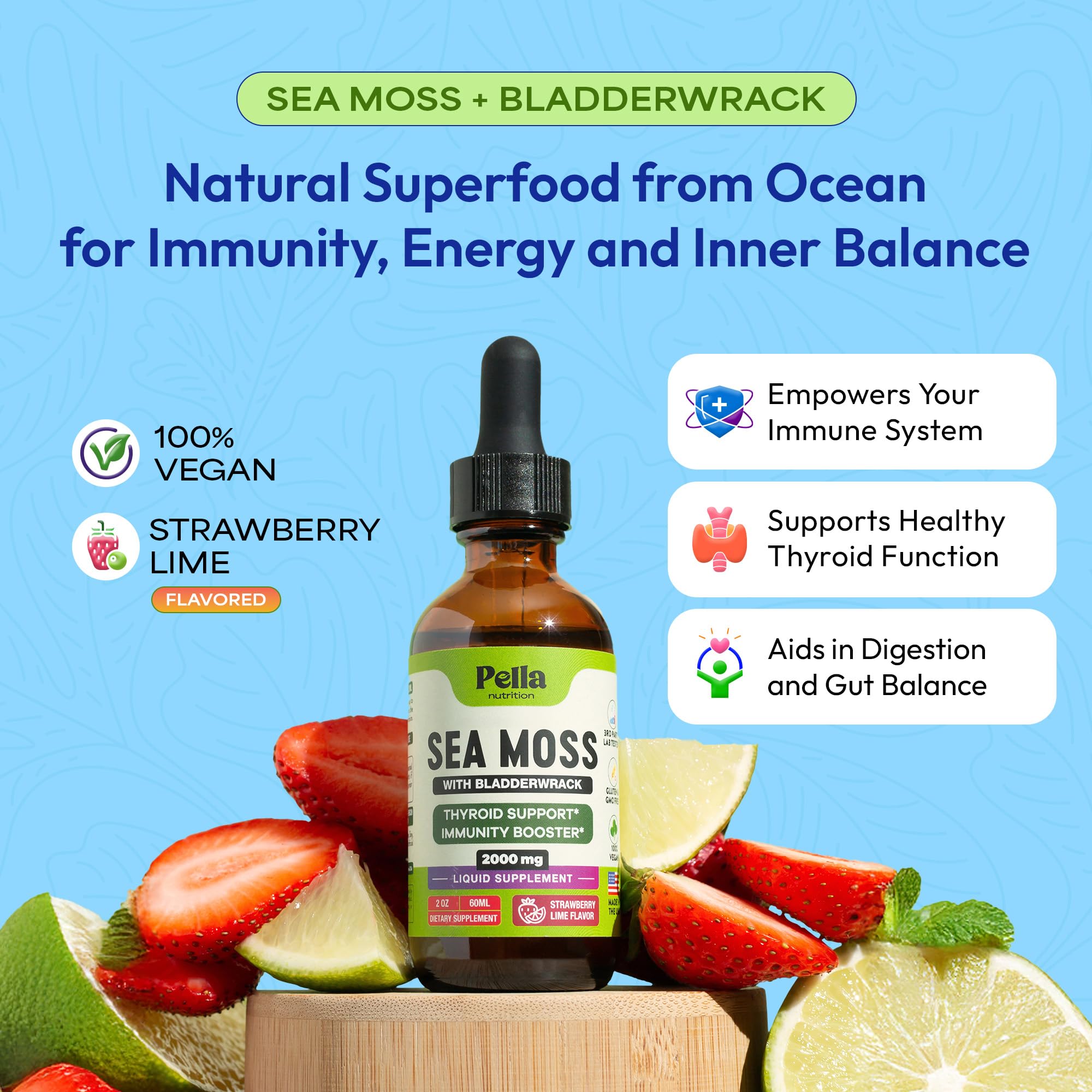 Pella Nutrition Sea Moss Drops with Bladderwrack – 4X Faster Absorption | Digestive & Immune Support | Strawberry Lime 60mL