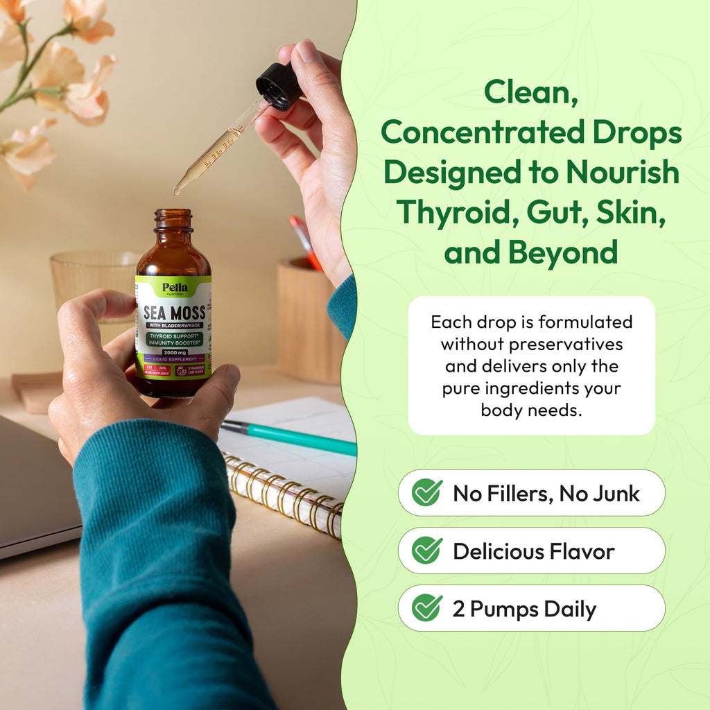Pella Nutrition Sea Moss Drops with Bladderwrack – 4X Faster Absorption | Digestive & Immune Support | Strawberry Lime 60mL
