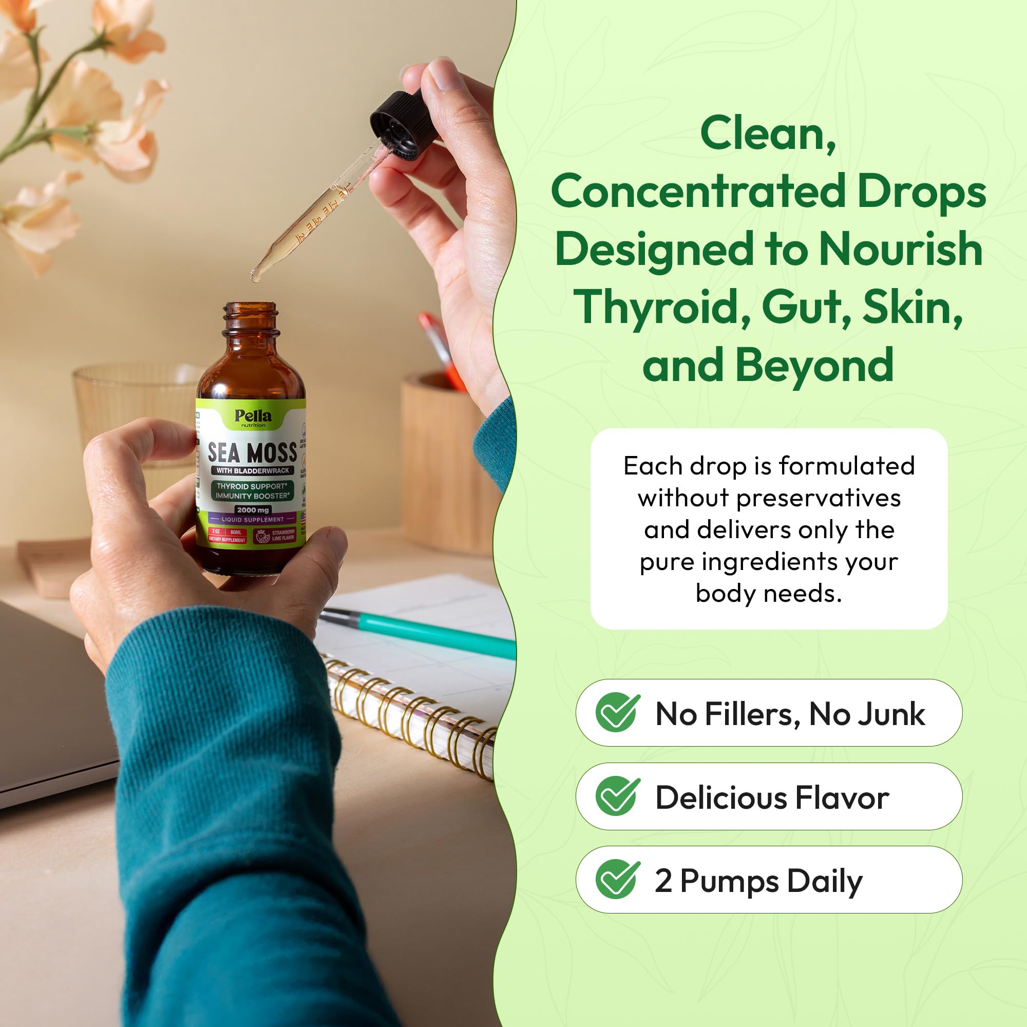 Pella Nutrition Sea Moss Drops with Bladderwrack – 4X Faster Absorption | Digestive & Immune Support | Strawberry Lime 60mL