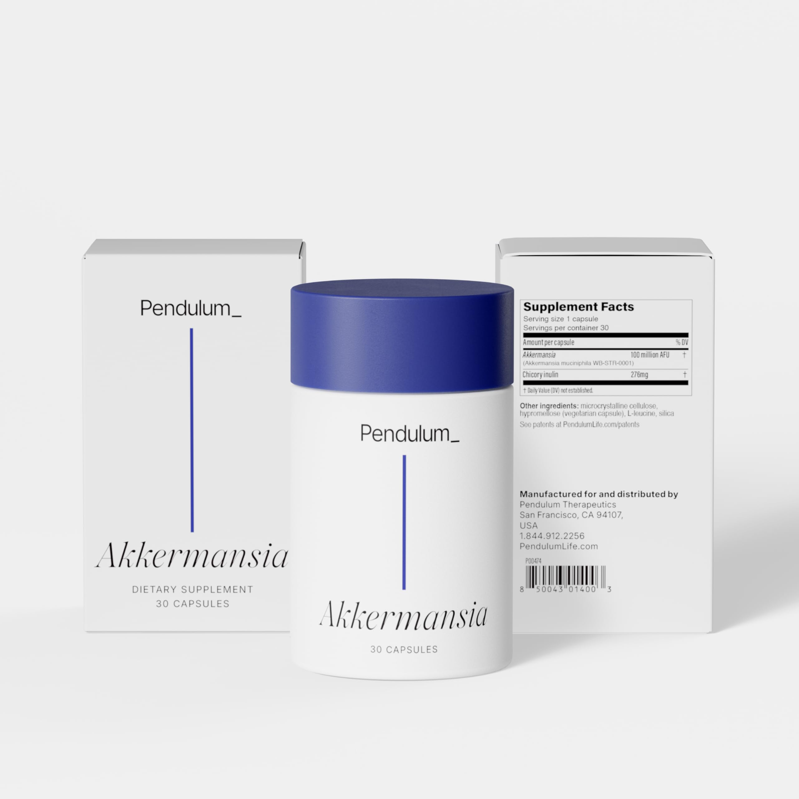 Pendulum Akkermansia Probiotic with Prebiotic Fiber – 100M AFU, Delayed Release, 30 Capsules