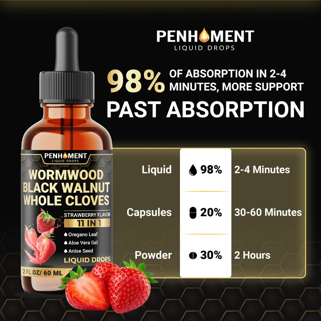 Penhoment 11in1 Wormwood Liquid Drops - 2 FL OZ Strawberry Flavor | Black Walnut, Cloves, Reishi & More