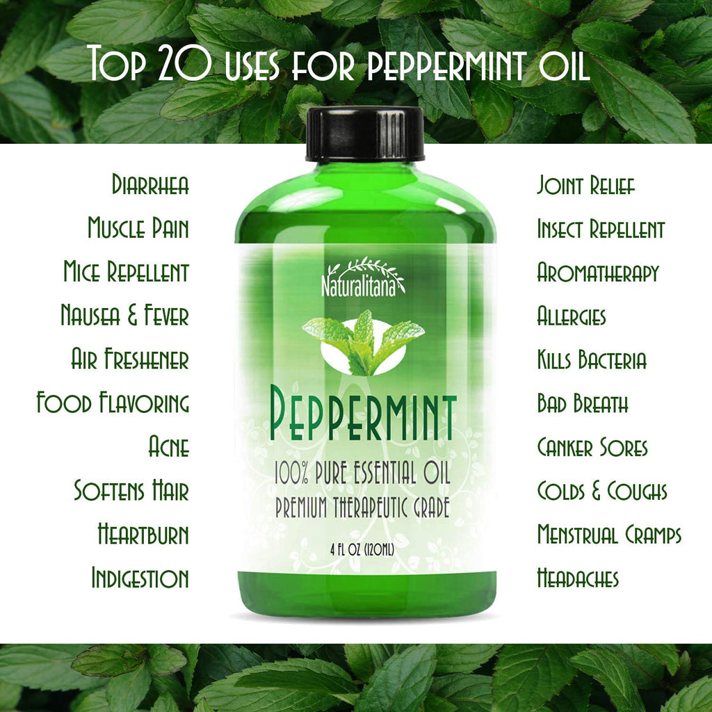 Naturalitana Peppermint Essential Oil – Therapeutic Grade, 4 oz Bottle with Dropper