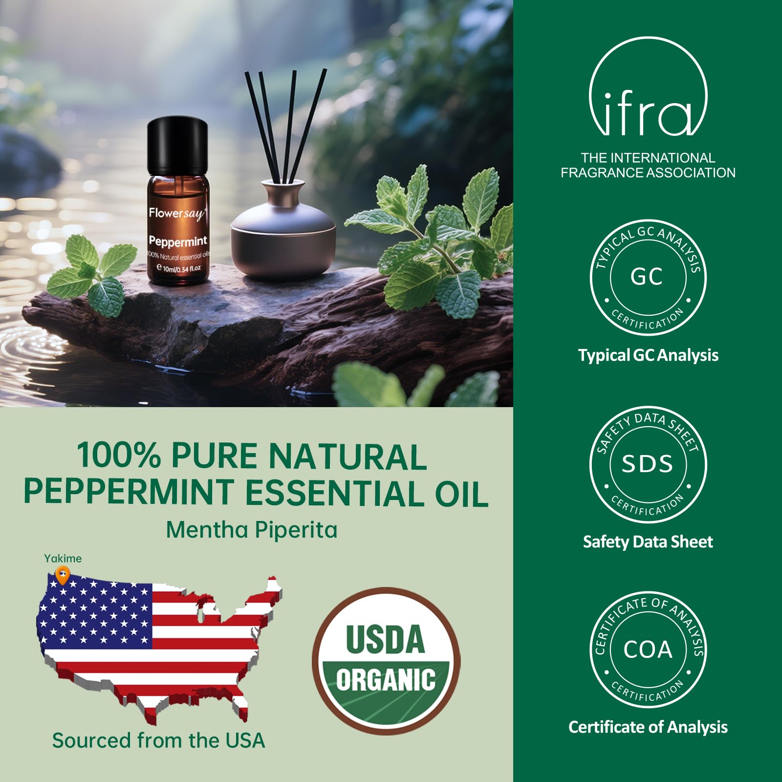 100% Pure Peppermint Essential Oil – USDA Organic, 0.34 Fl Oz | Diffuser, Hair & Skin