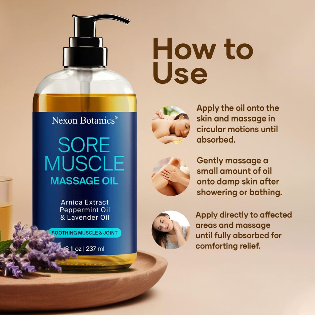 Sore Muscle Massage Oil – 8 oz with Arnica, Peppermint & Lavender | Nexon Botanics
