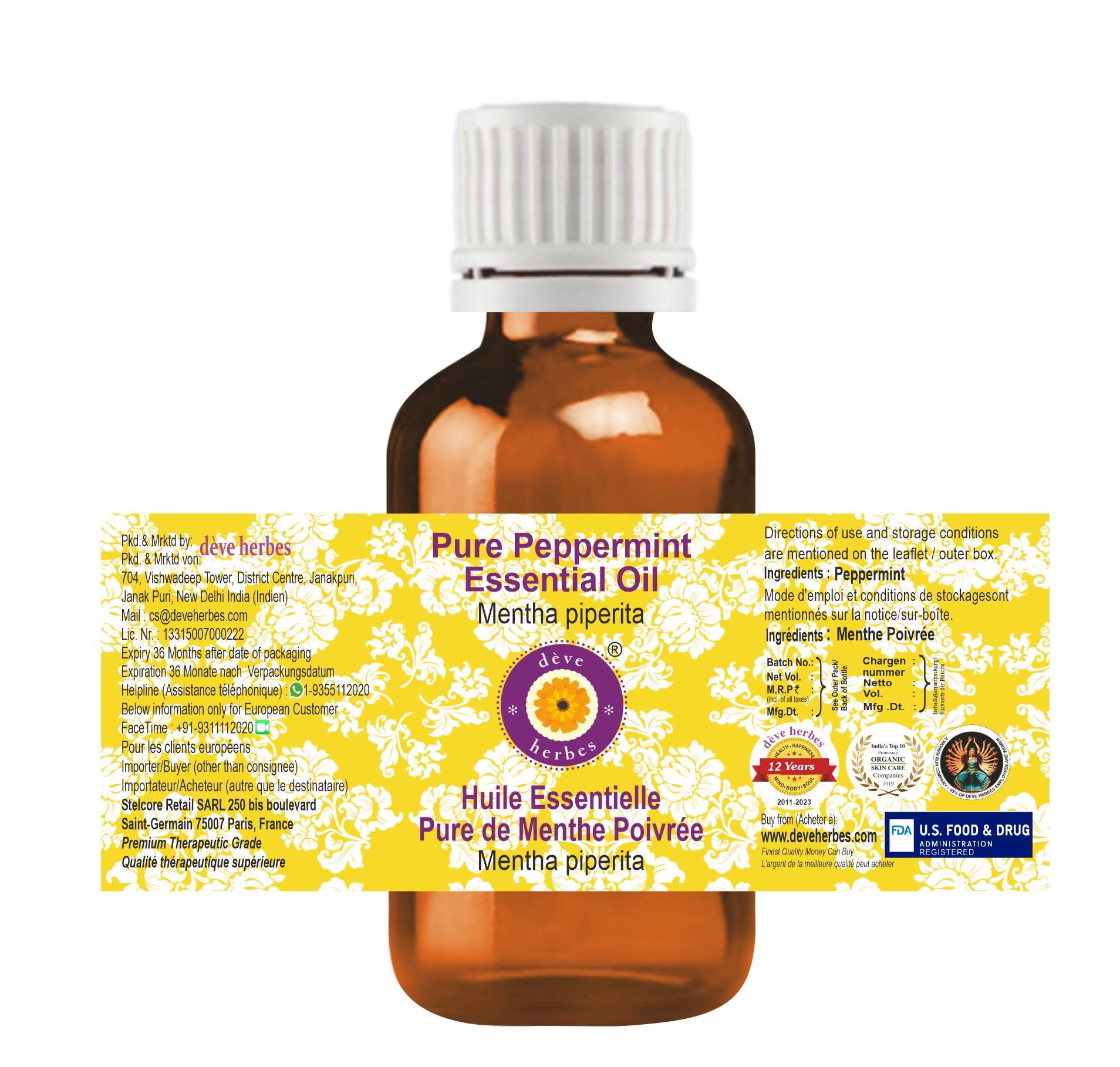 Deve Herbes Pure Peppermint Essential Oil (Mentha piperita) 30ml | Steam Distilled