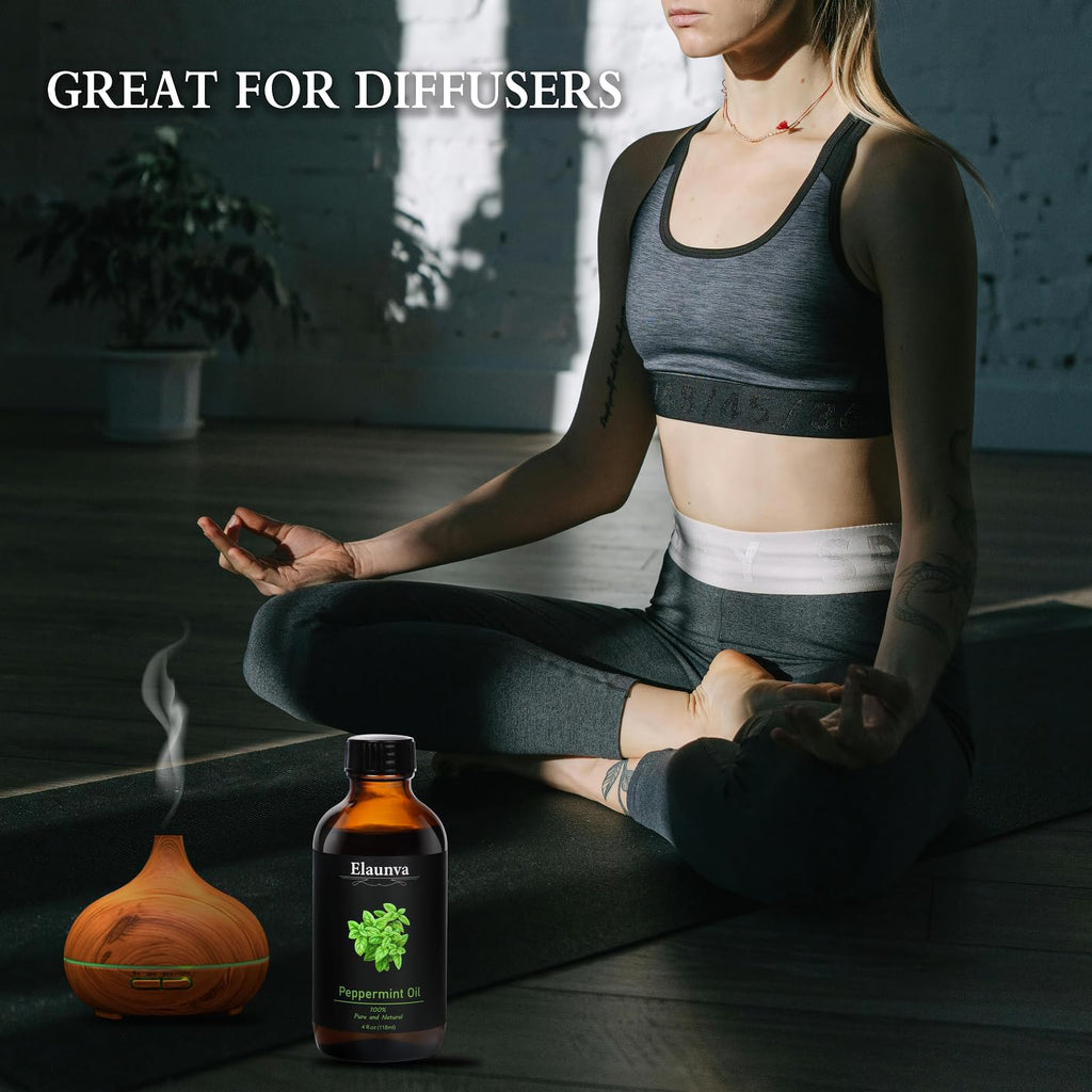 Elaunva Peppermint Essential Oil - 4 oz / 118 ml | 100% Pure & Natural for Aromatherapy, Diffusers, Candles & Soaps