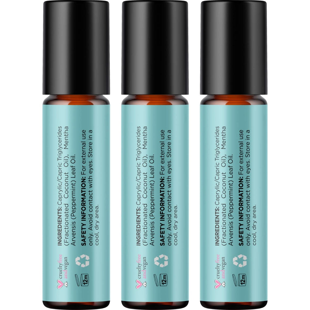 Peppermint Oil Roll-On | Pure Peppermint Essential Oil Rollerball for Headaches, Focus & Energy (3 Pack)