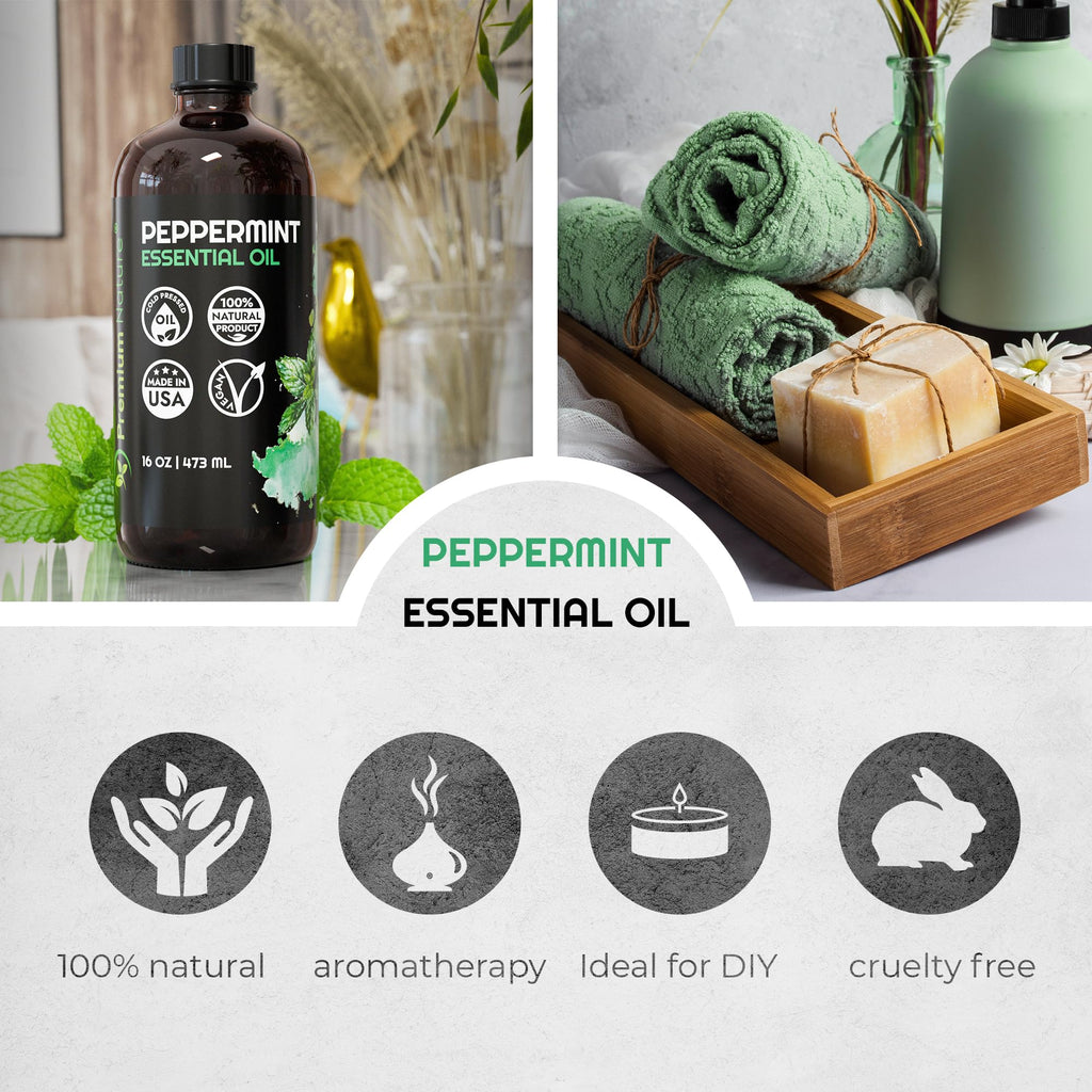 Peppermint Essential Oil 16oz – Organic, Diffuser Aromatherapy, Hair Growth, Skin, Soap Making & Laundry