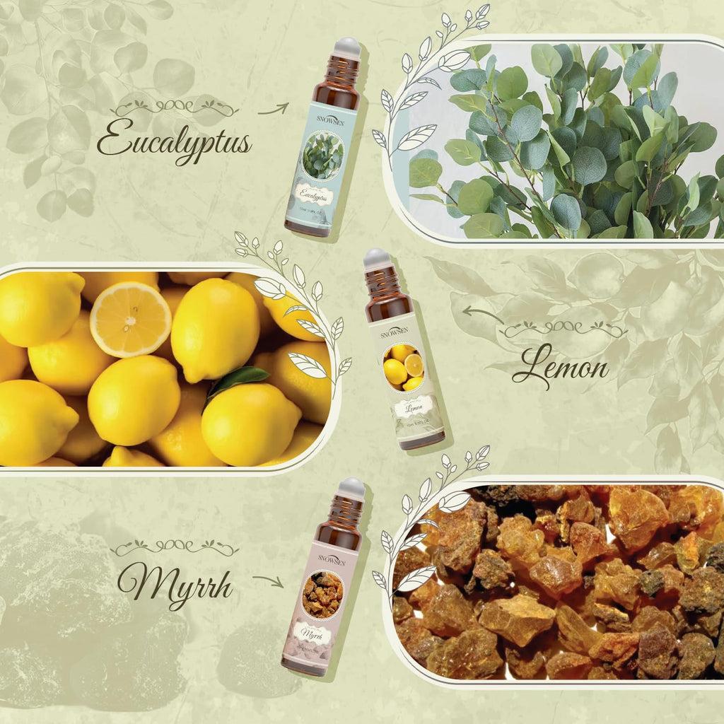 Essential Oils Roll-On Set – 6x10ml Aromatherapy Oils (Lavender, Peppermint, Frankincense, Eucalyptus, Lemon, Myrrh)