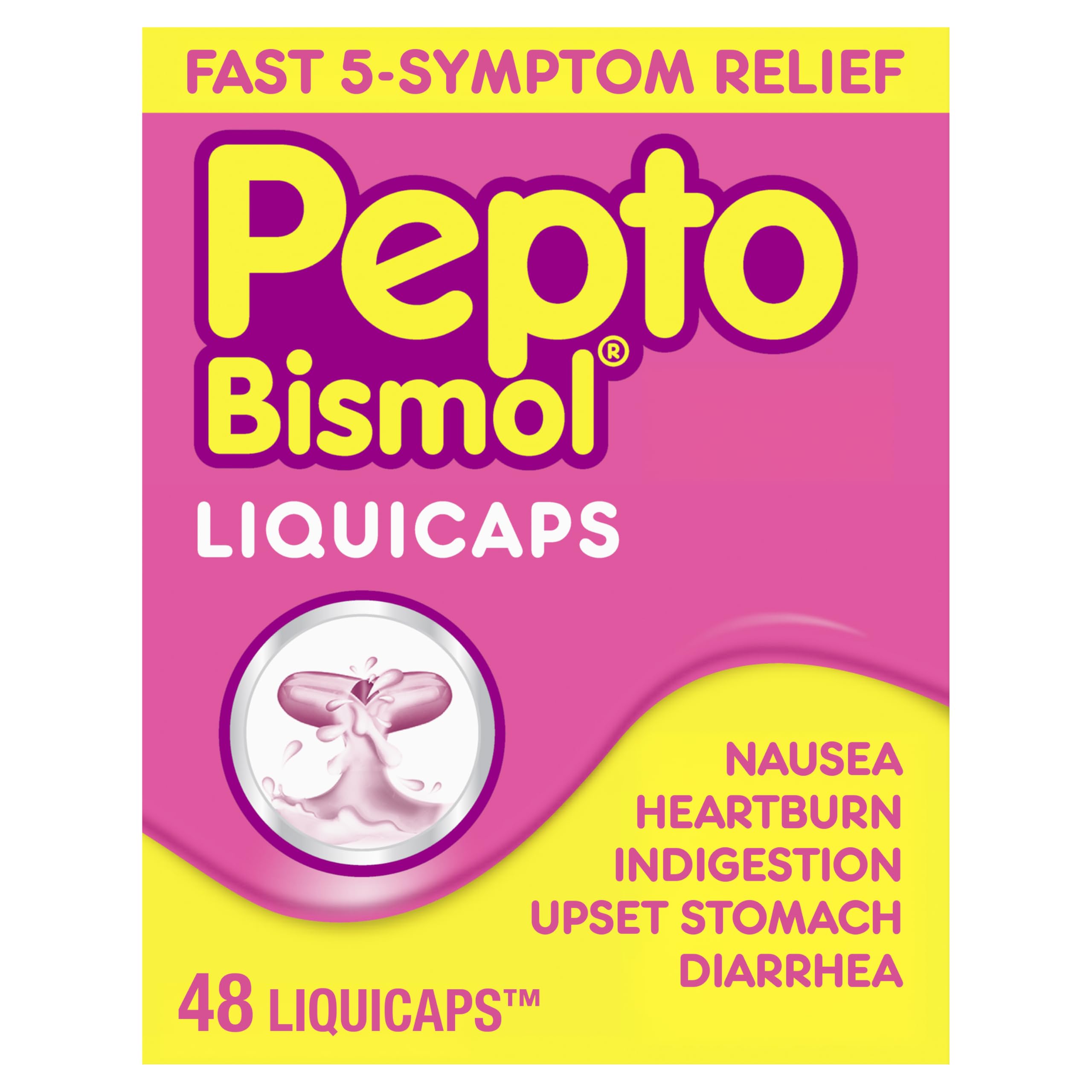 Pepto Bismol Liquicaps - Multi-Symptom Relief for Nausea, Heartburn, Indigestion, Upset Stomach & Diarrhea | 48 Liquicaps