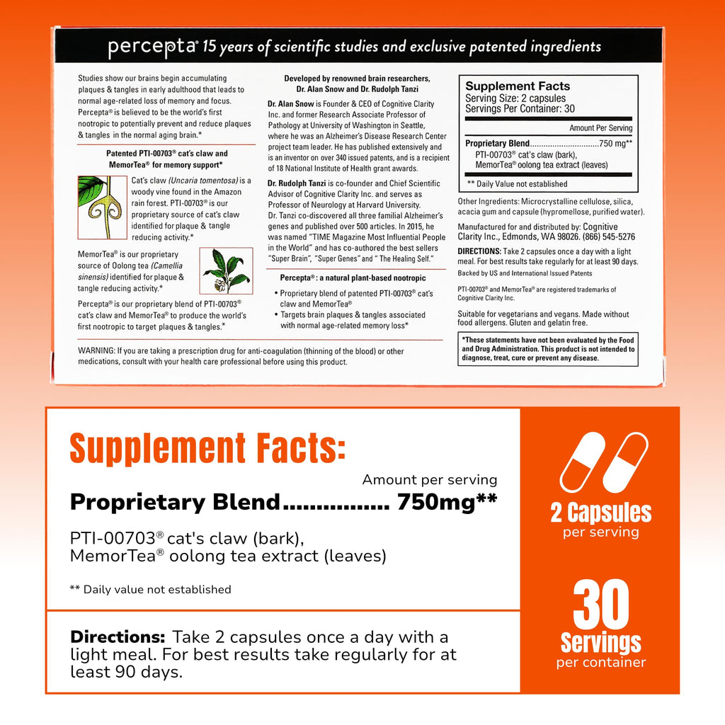 Percepta Plant-Based Memory Support – Natural Nootropic Brain Booster | 30 Day Supply