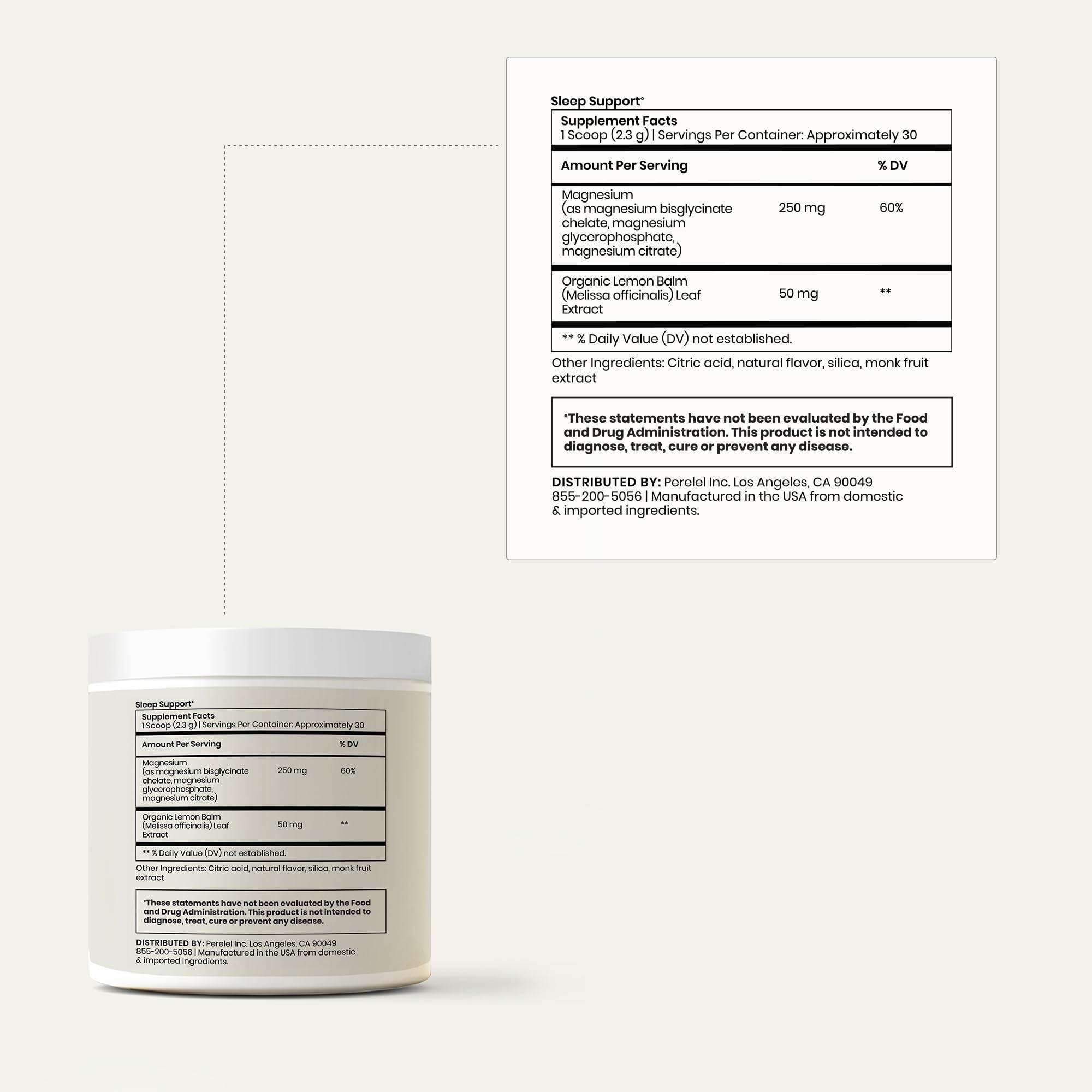 Perelel Sleep Support Magnesium Powder Blend — Lemon Balm, Honey Lemon Flavor