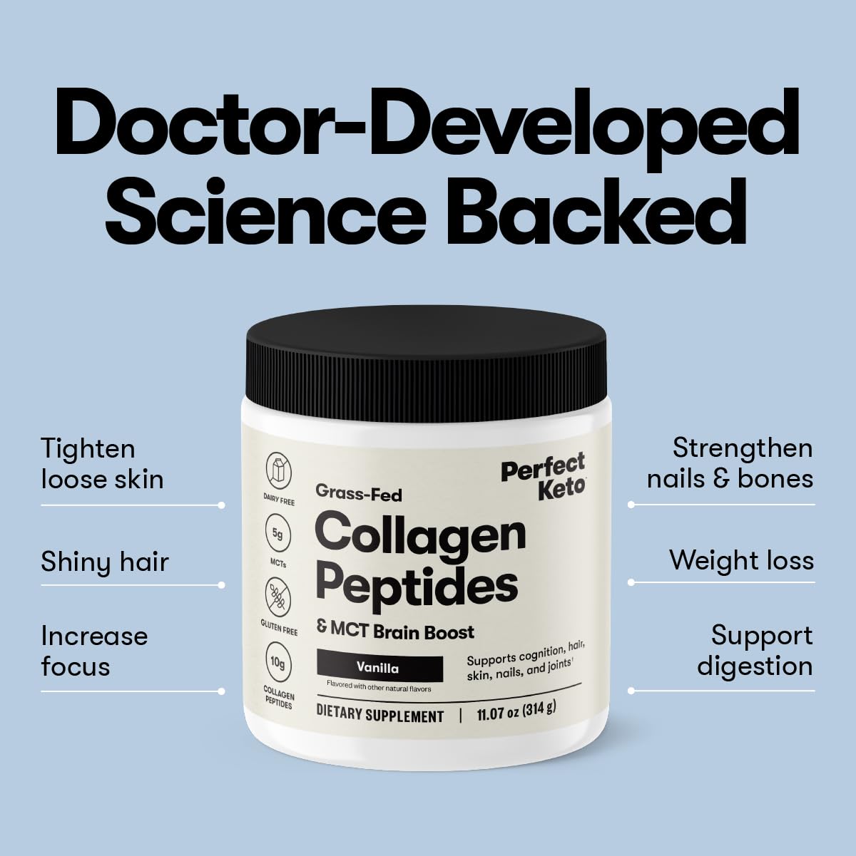 Perfect Keto Collagen Peptides with MCT Oil – Grass-Fed Type I & III, Strawberry Flavor