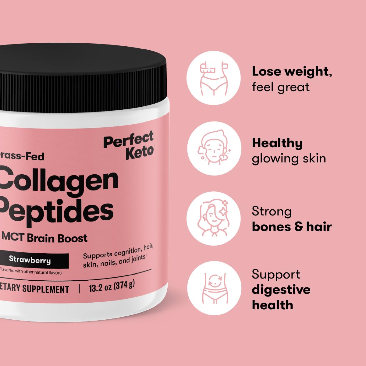 Perfect Keto Collagen Peptides with MCT Oil – Grass-Fed Type I & III, Strawberry Flavor