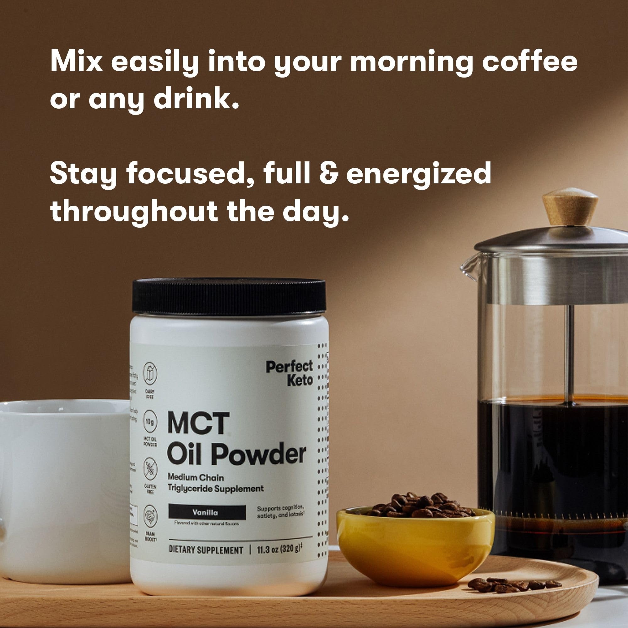 Perfect Keto 7g MCT Oil Powder Vanilla – Non-Dairy Keto Coffee Creamer, 30 Servings