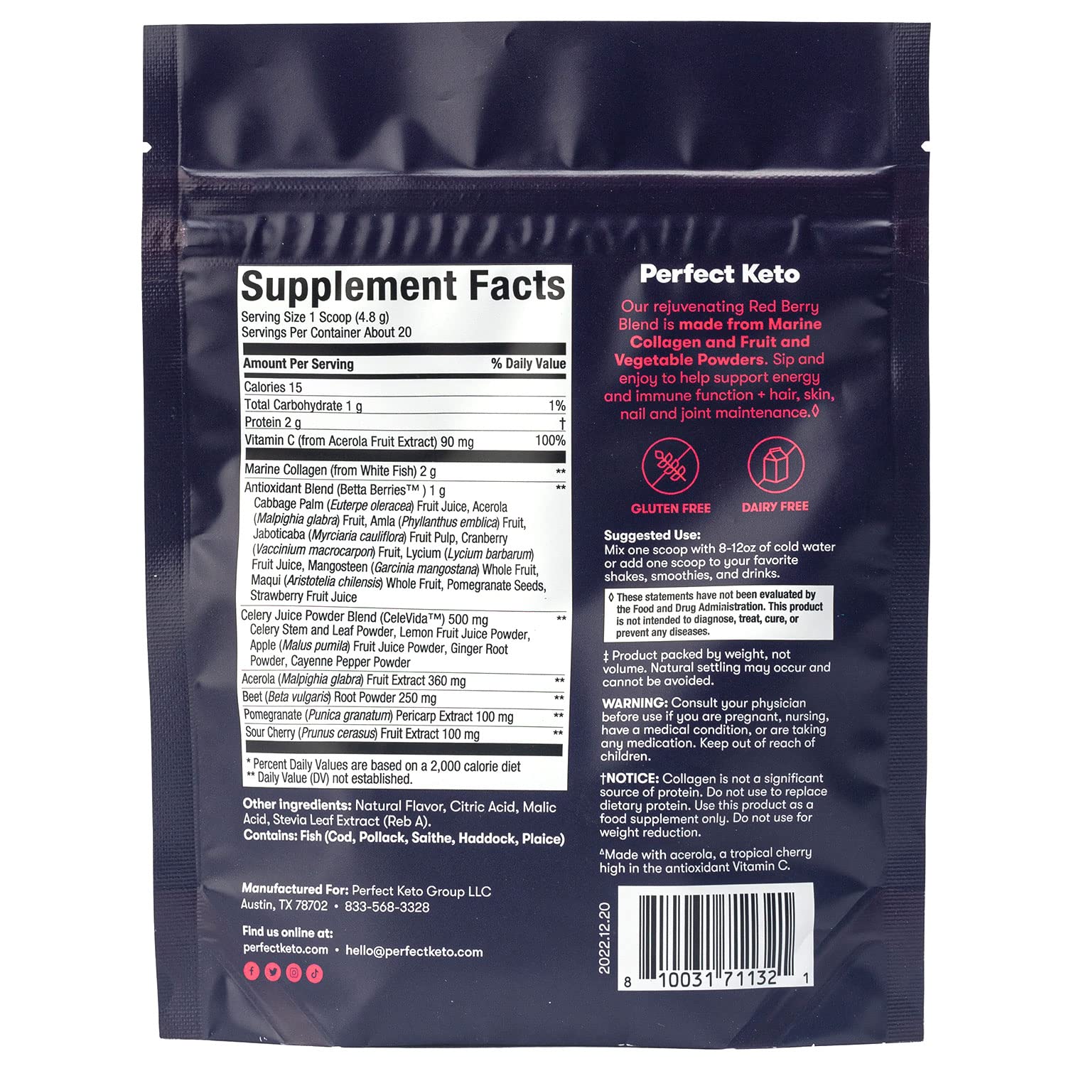 Perfect Keto Super Reds Superfood Powder – Antioxidants & Marine Collagen, 20 Servings