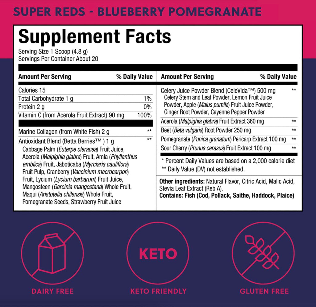 Perfect Keto Super Reds Superfood Powder – Antioxidants & Marine Collagen, 20 Servings