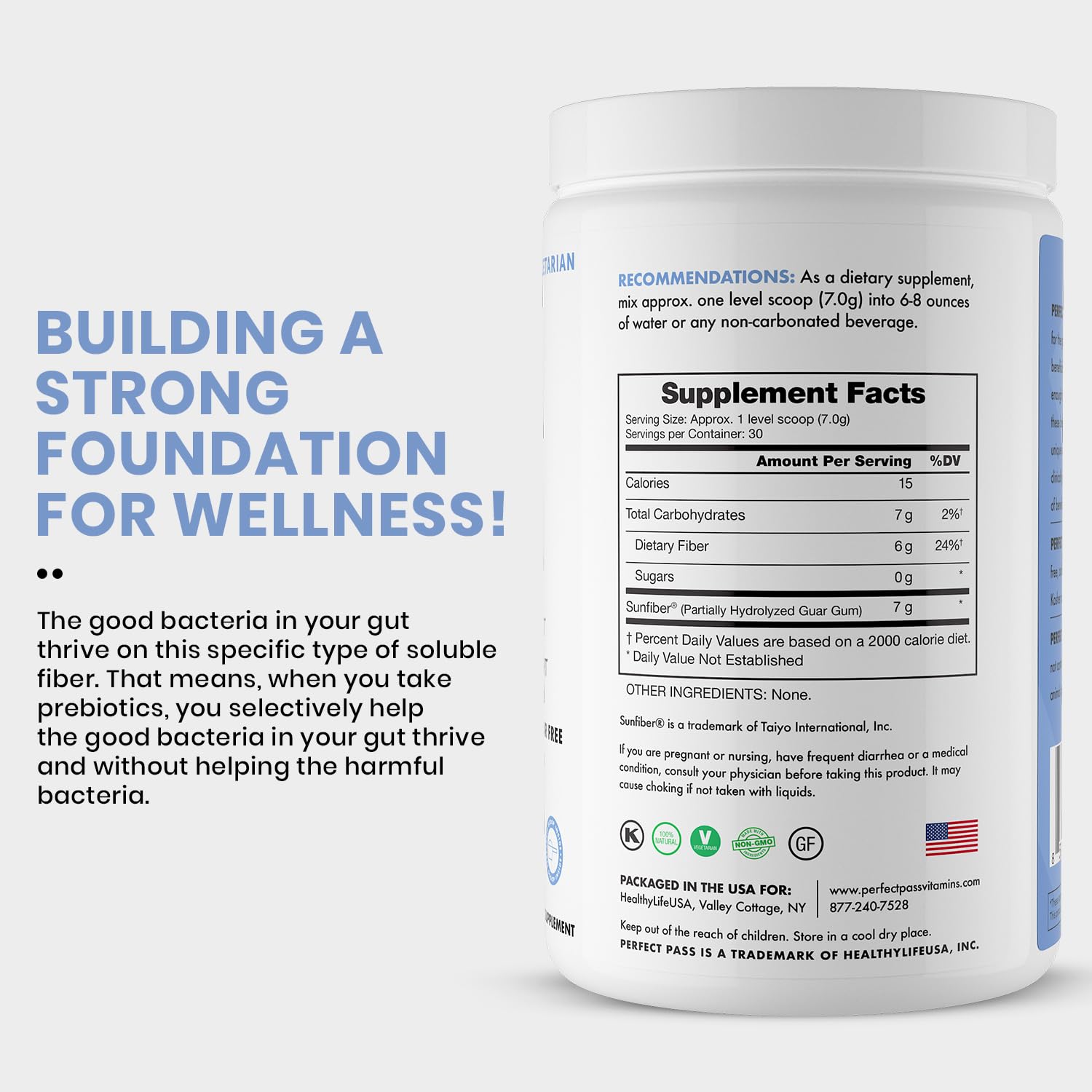 PERFECT PASS Prebiotic PHGG Powder – 210g, Natural, Gluten Free, Non-GMO, Kosher, Sugar Free