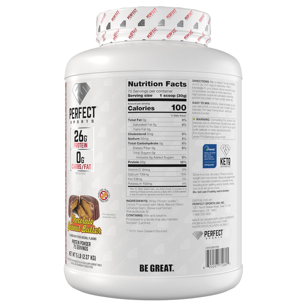 PERFECT SPORTS Diesel 100% New Zealand Whey Protein Isolate – 0g Carbs, 0g Fat, 26g Protein, 5 lb (Chocolate Peanut Butter)