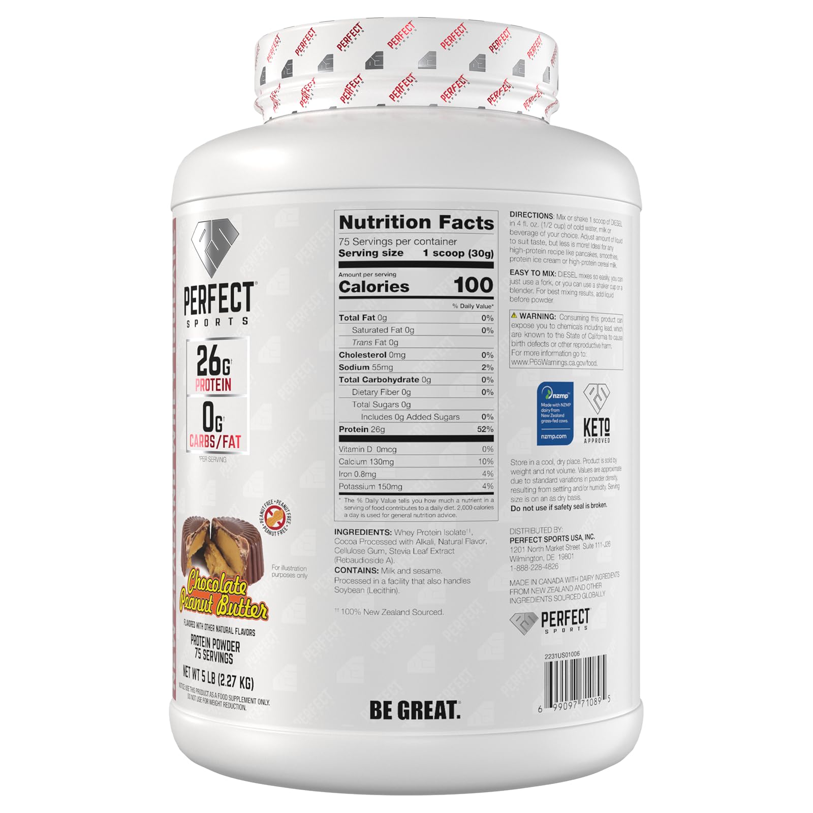PERFECT SPORTS Diesel 100% New Zealand Whey Protein Isolate – 0g Carbs, 0g Fat, 26g Protein, 5 lb (Chocolate Peanut Butter)