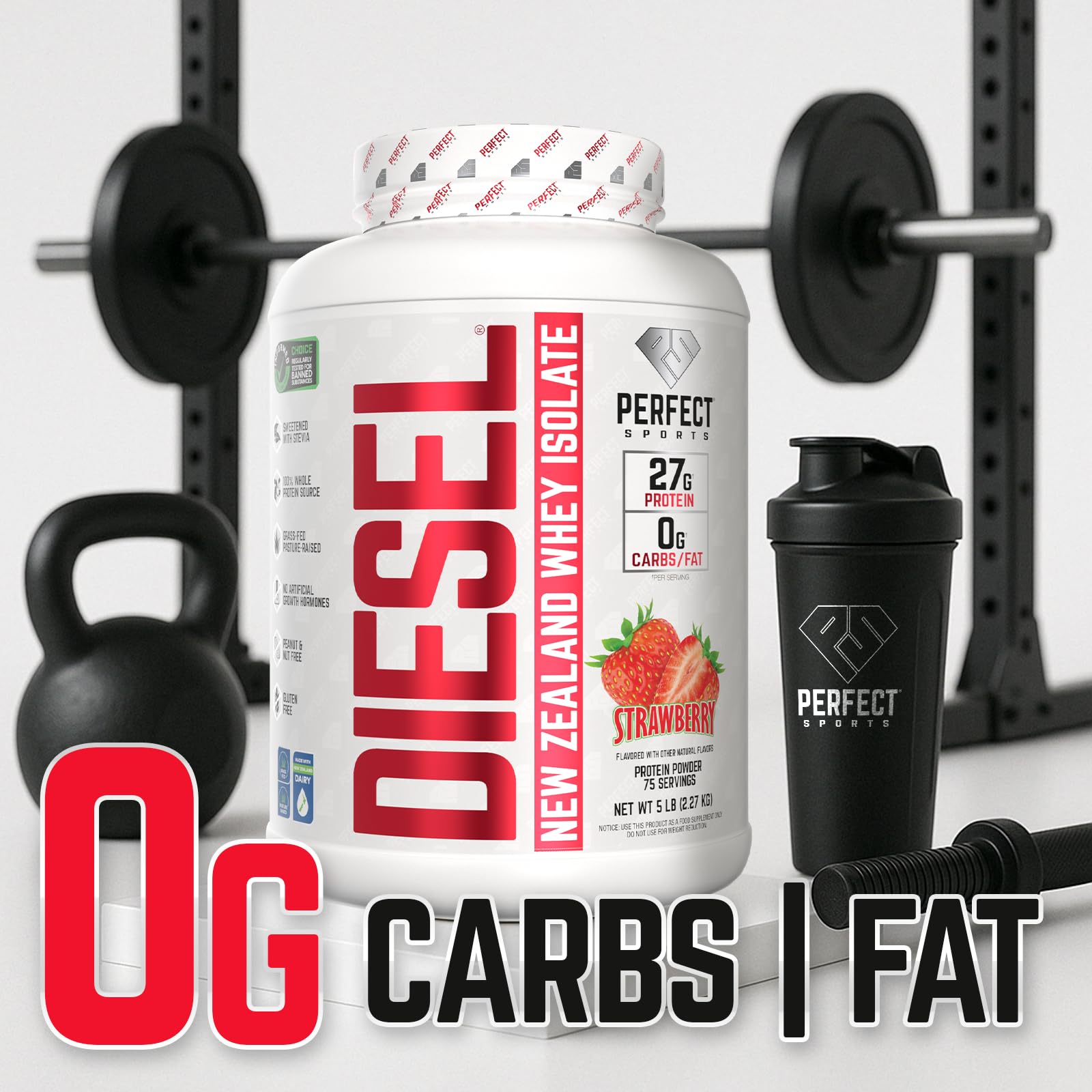 PERFECT SPORTS Diesel 100% New Zealand Whey Protein Isolate – 5 lb Strawberry | 27g Protein, 0g Carbs, 0g Fat | Stevia-Sweetened